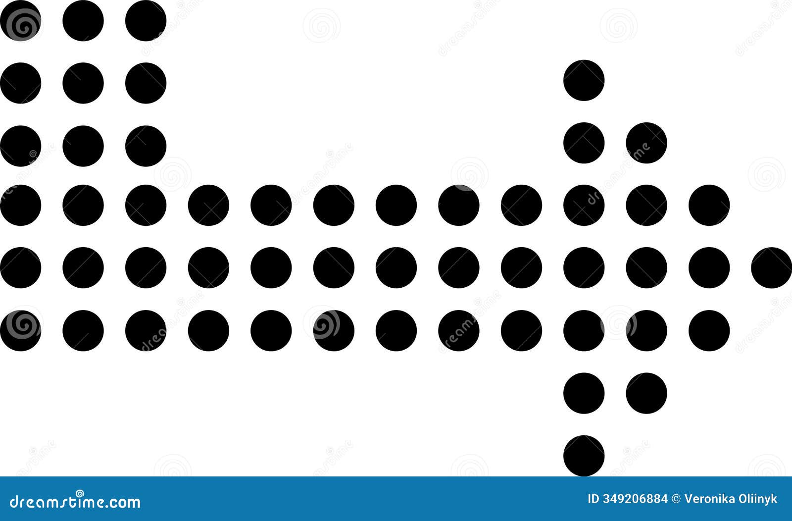 black dots arranged in rows and columns create a right pointing arrow against a clean white backdrop, izing