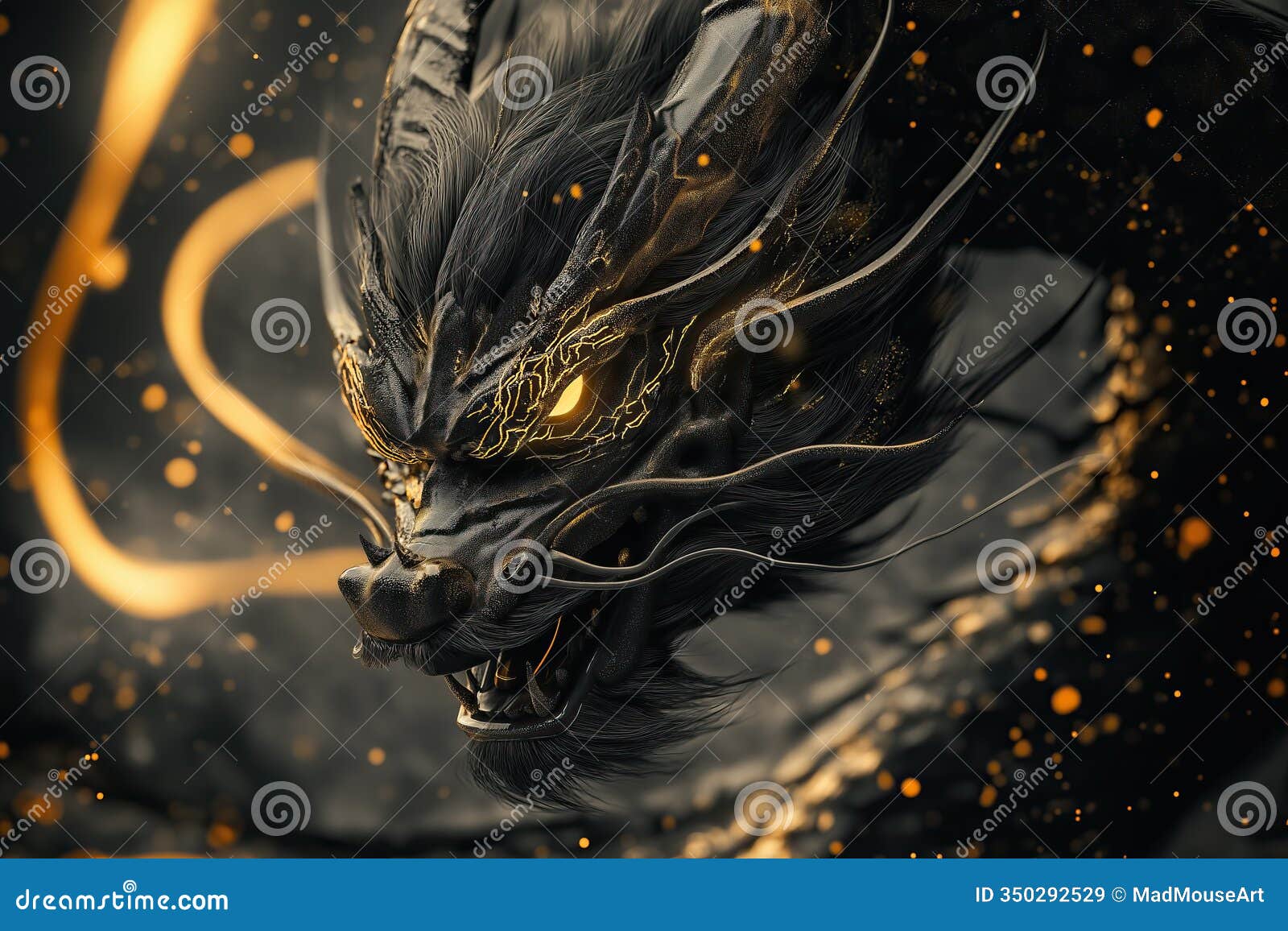 Black Dragon with Gold Elements, Luxurious Fantasy Character Stock