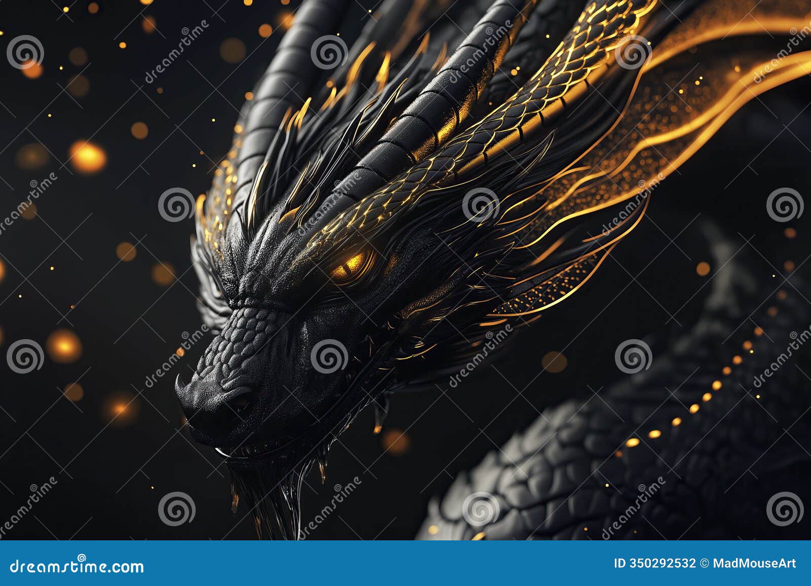 Black Dragon with Gold Elements, Luxurious Fantasy Character Stock