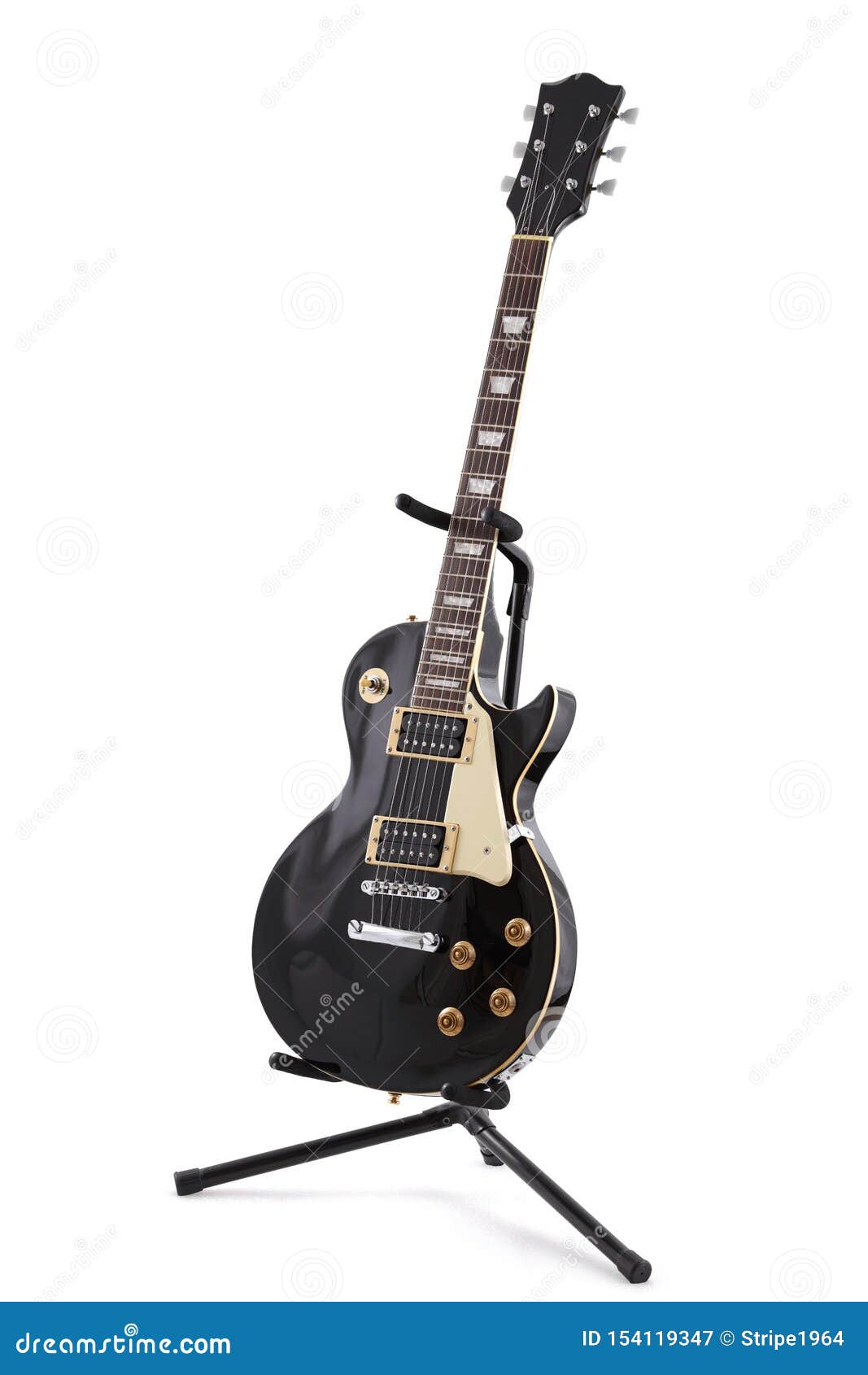 Black Electric Guitar on a Stand Isolated on White with Clipping Path