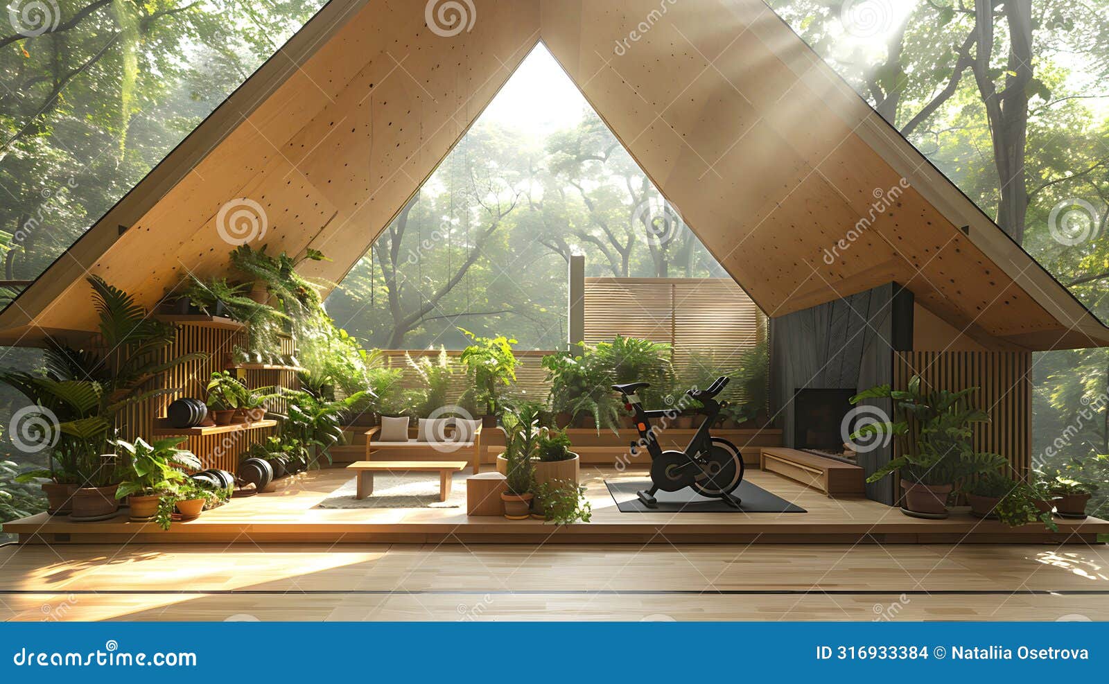 black exercise bicycle in wooden house with wooden roof, furniture, and structural beams. modern trend of integrating