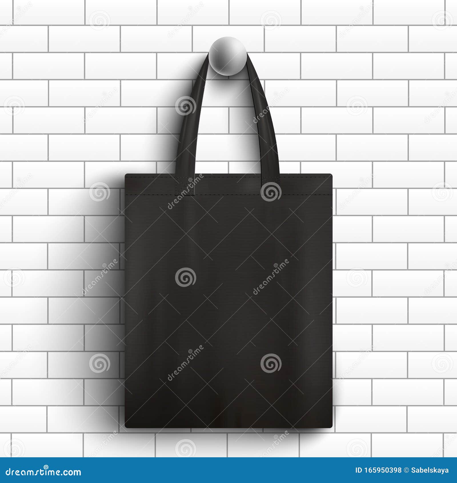 Download Black Fabric Tote Bag Hanging On White Brick Wall Realistic Branding Mockup Stock Vector Illustration Of Hessian Accessory 165950398