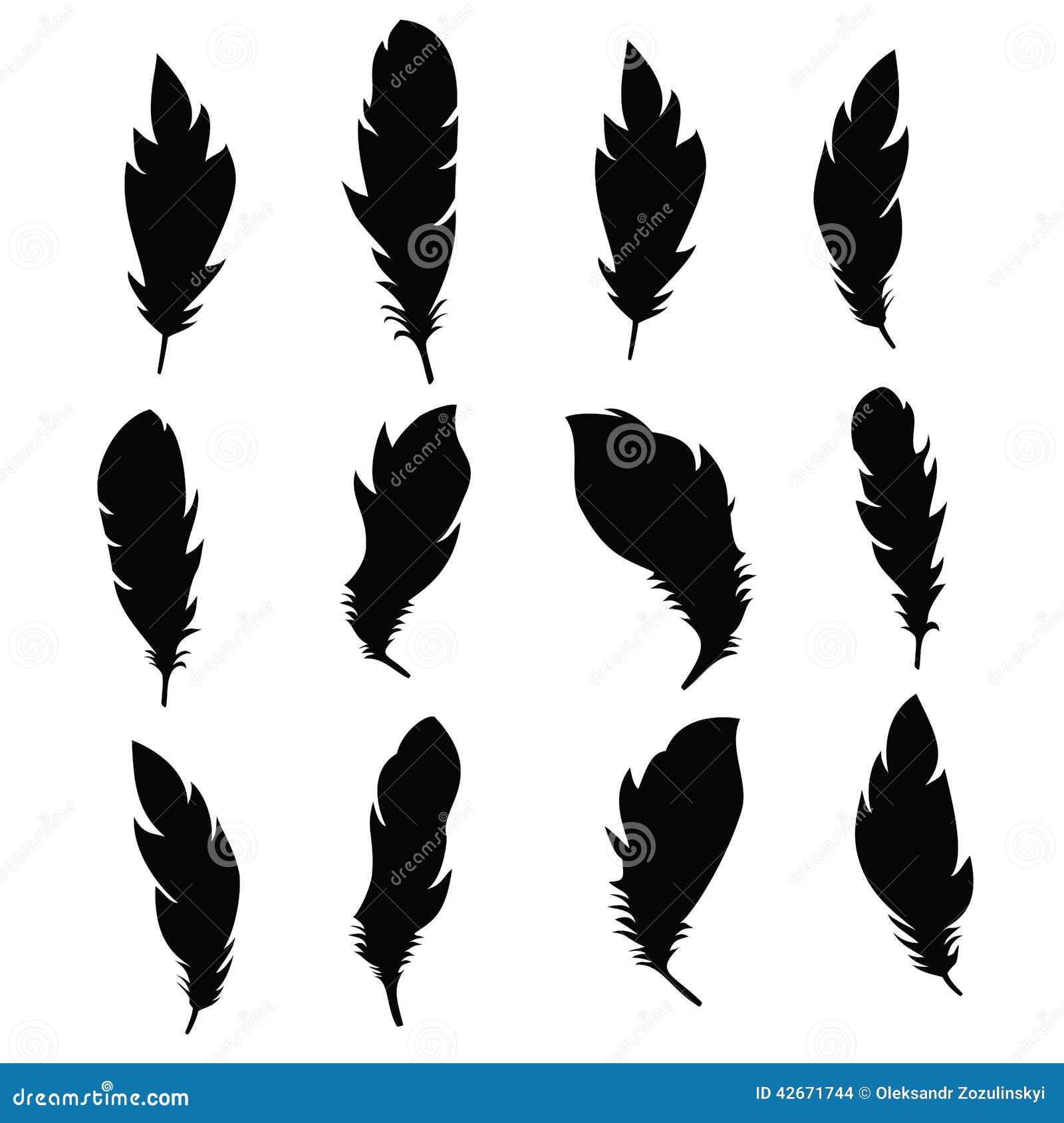 Black Feathers Set Hand Drawn Vector Illustration Realistic Sketch