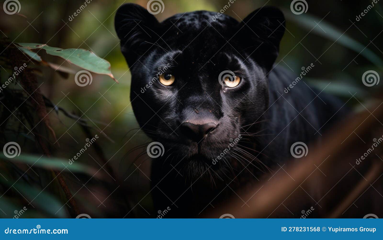 Black Feline Staring Alertly in Tropical Rainforest Generated by AI
