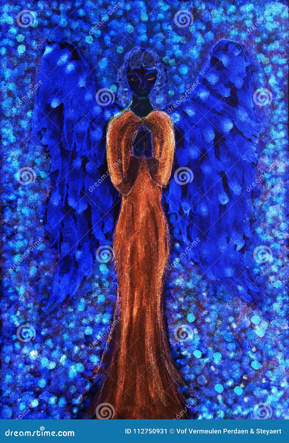black female angel with a red dress praying.