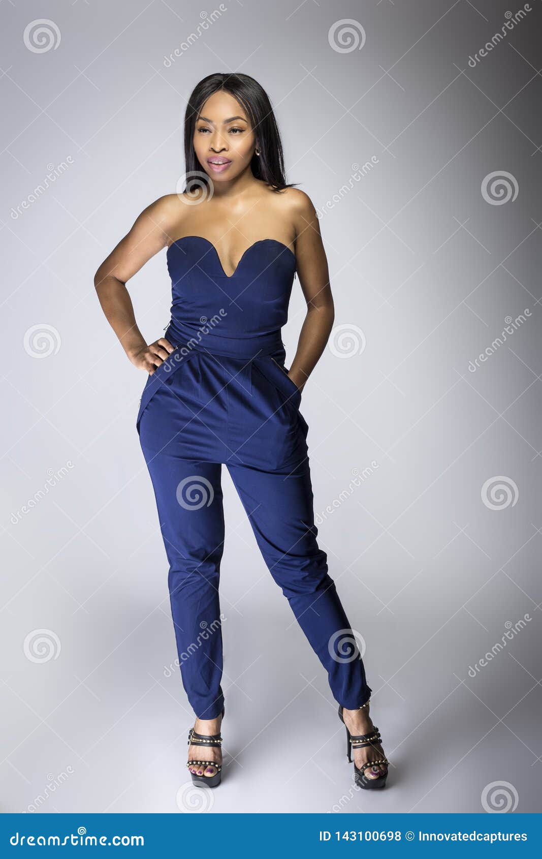 Black Female Fashion Model Wearing Blue Outfit Stock Photo - Image of  catalog, full: 143100698