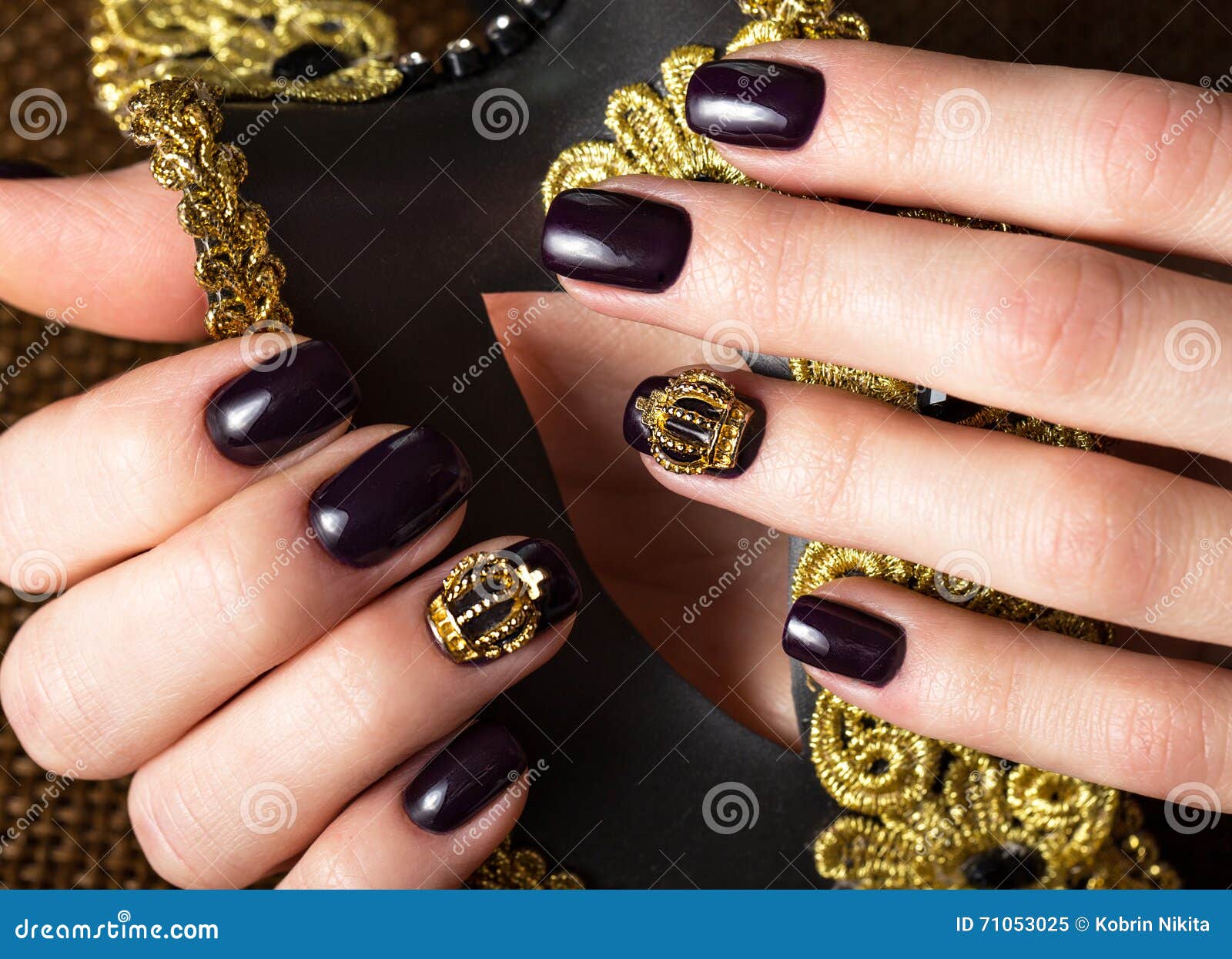 Black Female Manicure Nails Closeup with Crown Stock Image - Image of ...