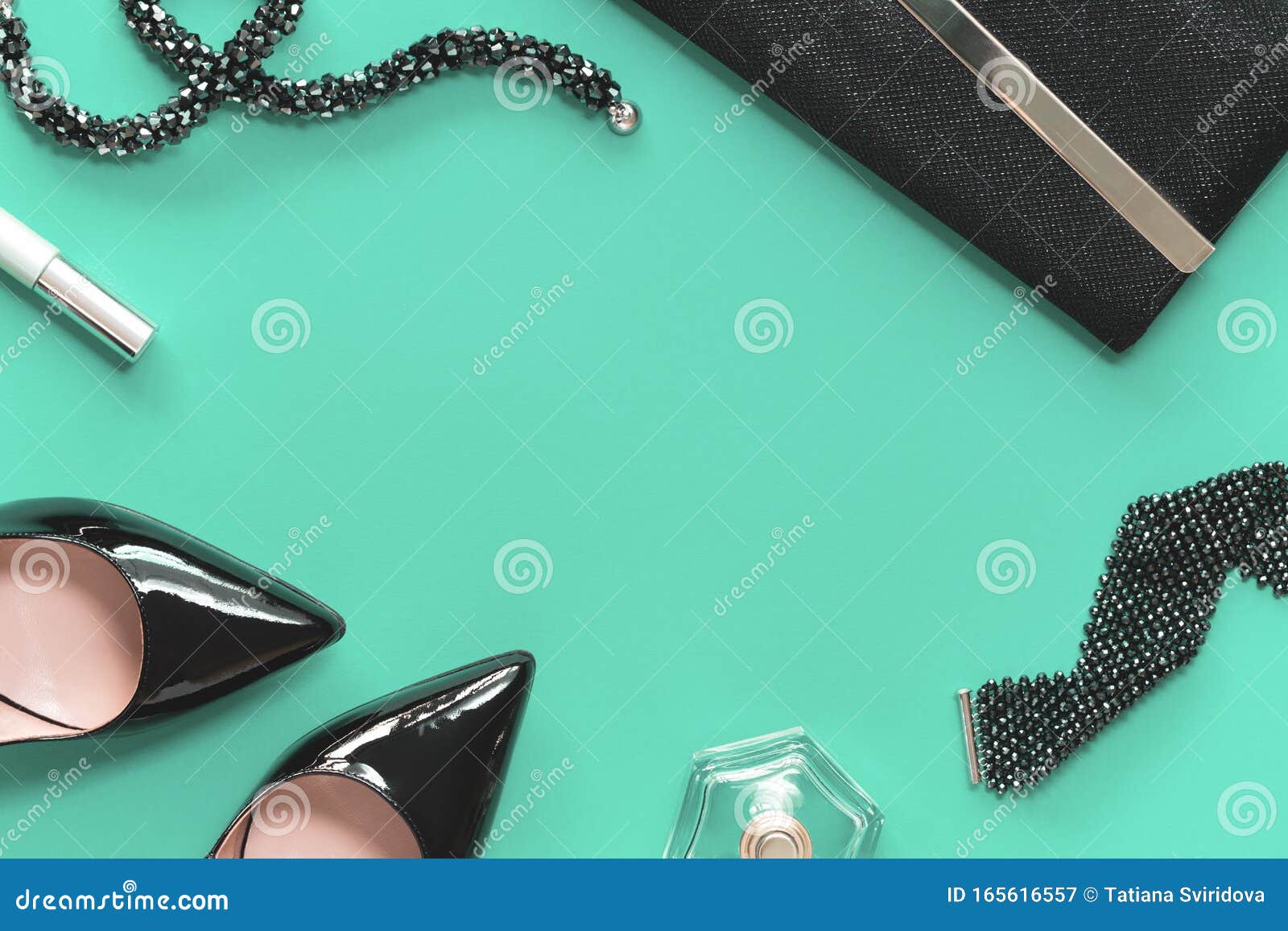 Black Female Patent Heel Shoes and Clutch Green Flat Lay Stock Image ...