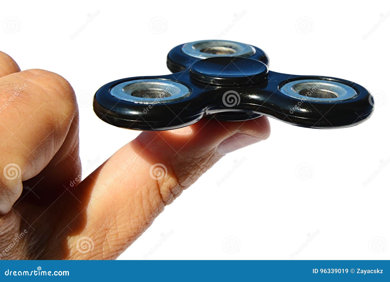 Black Fidget Spinner Toy Balancing on Thumb of Adult Male Person, White  Background Stock Image - Image of force, finger: 96339019