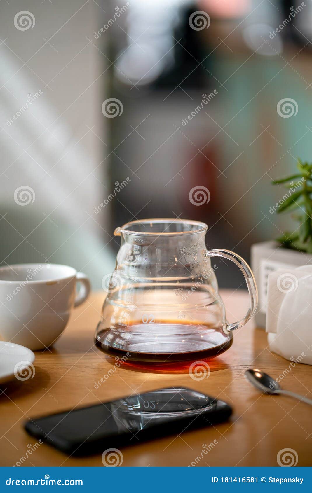 Black Filter Coffee On The Table In Cafe Service Kettle Hario Pour Over Cup Stock Image Image Of Filter Hario 181416581