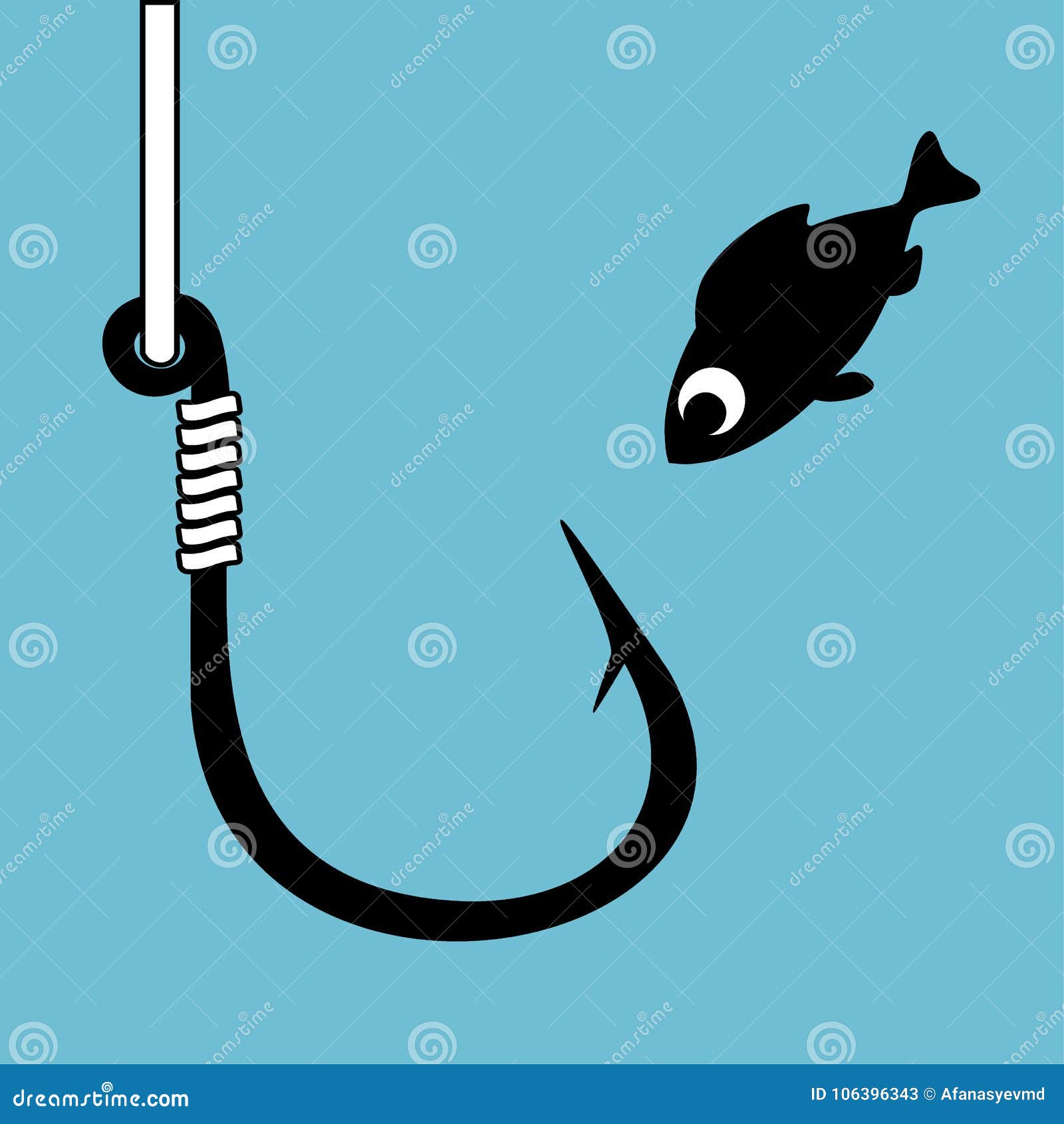 Black Fish Hook with Fishing Line on Blue. Funny Cartoon Fish