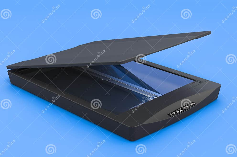 Black Flatbed Scanner on Blue Backdrop, 3D Rendering Stock Illustration Illustration of device