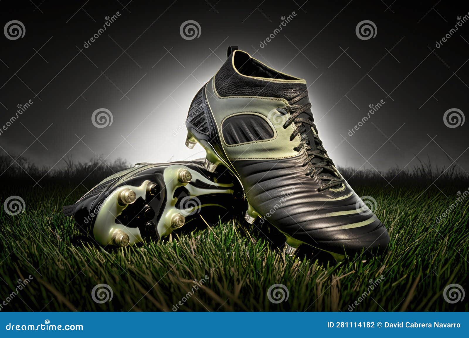 Black Football Boots on the Grass of a Football Field. Ai Generative