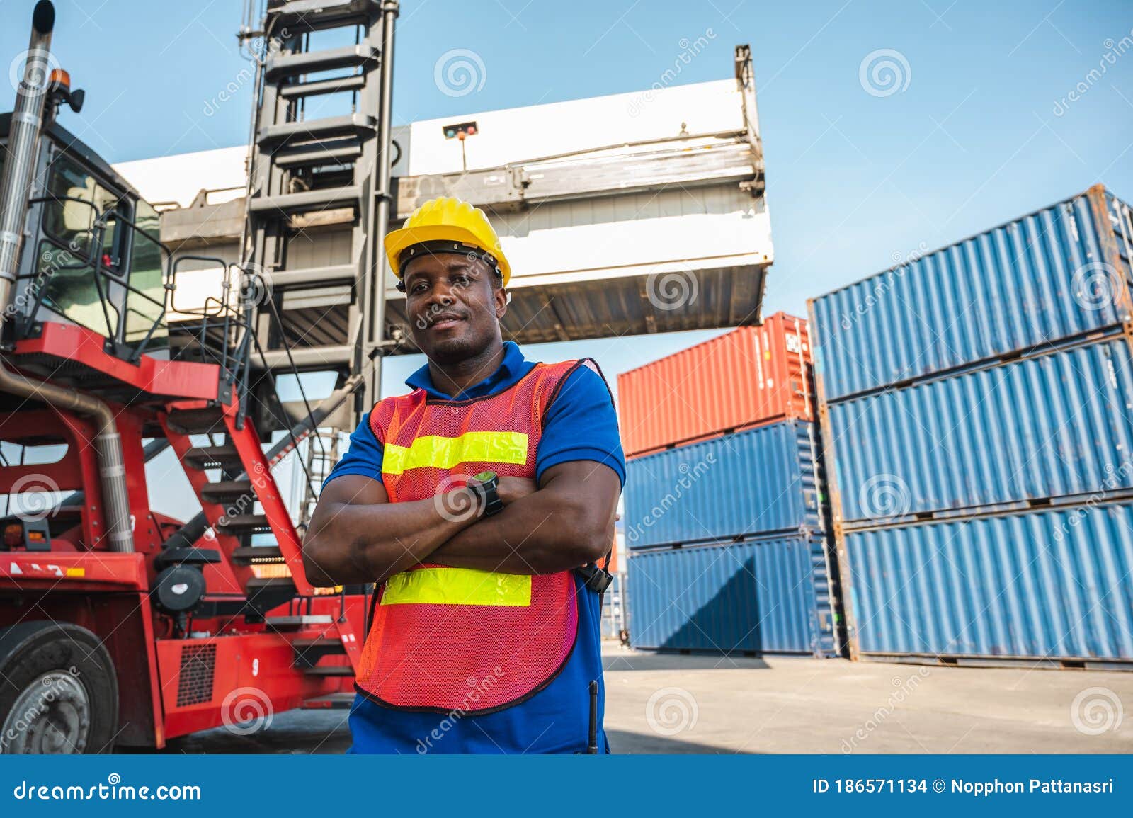 Black Foreman Worker Working Control the Crane and Forklift at