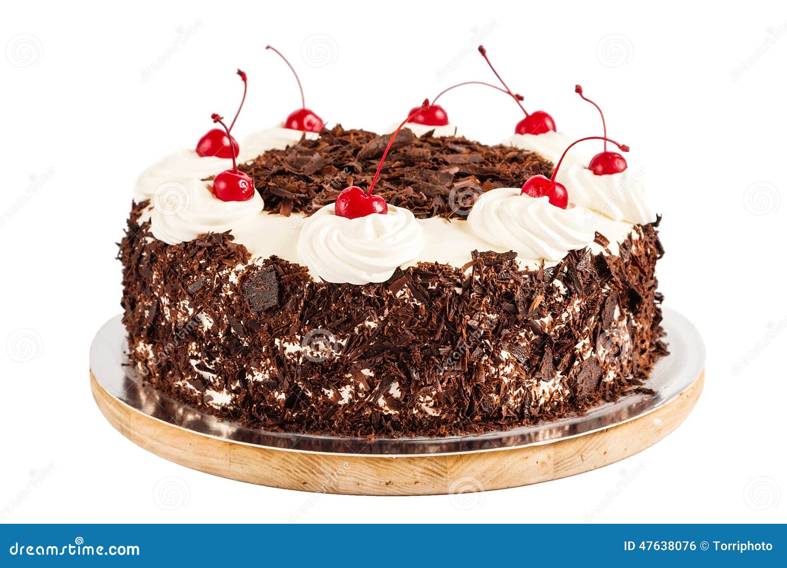 Black Forest Cake Decorated with Whipped Cream and Cherries Stock Photo