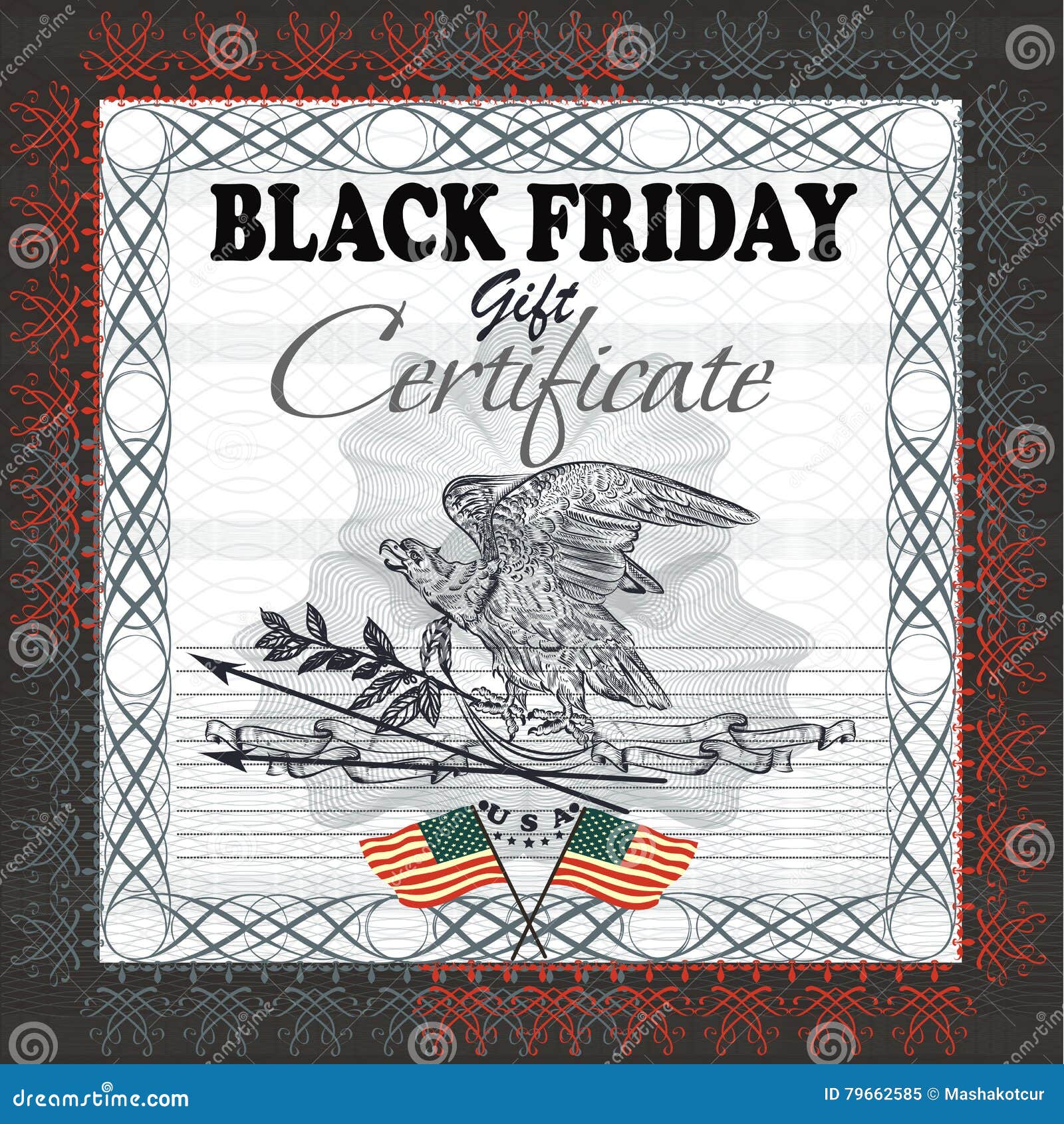 Black Friday Gift Certificate with Flag, USA Eagle Stock Vector