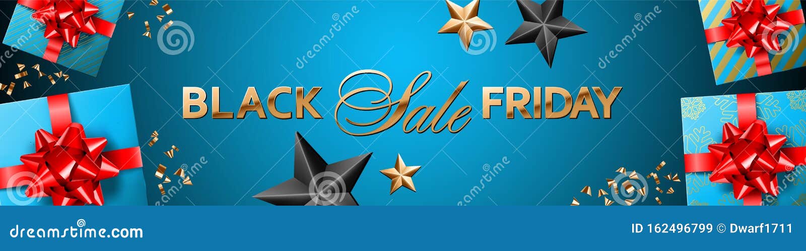 Black Friday Sale golden lettering on sky blue gradient background. website header or banner vector template with blue-gold gifts with red bows and ribbons, confetti.
