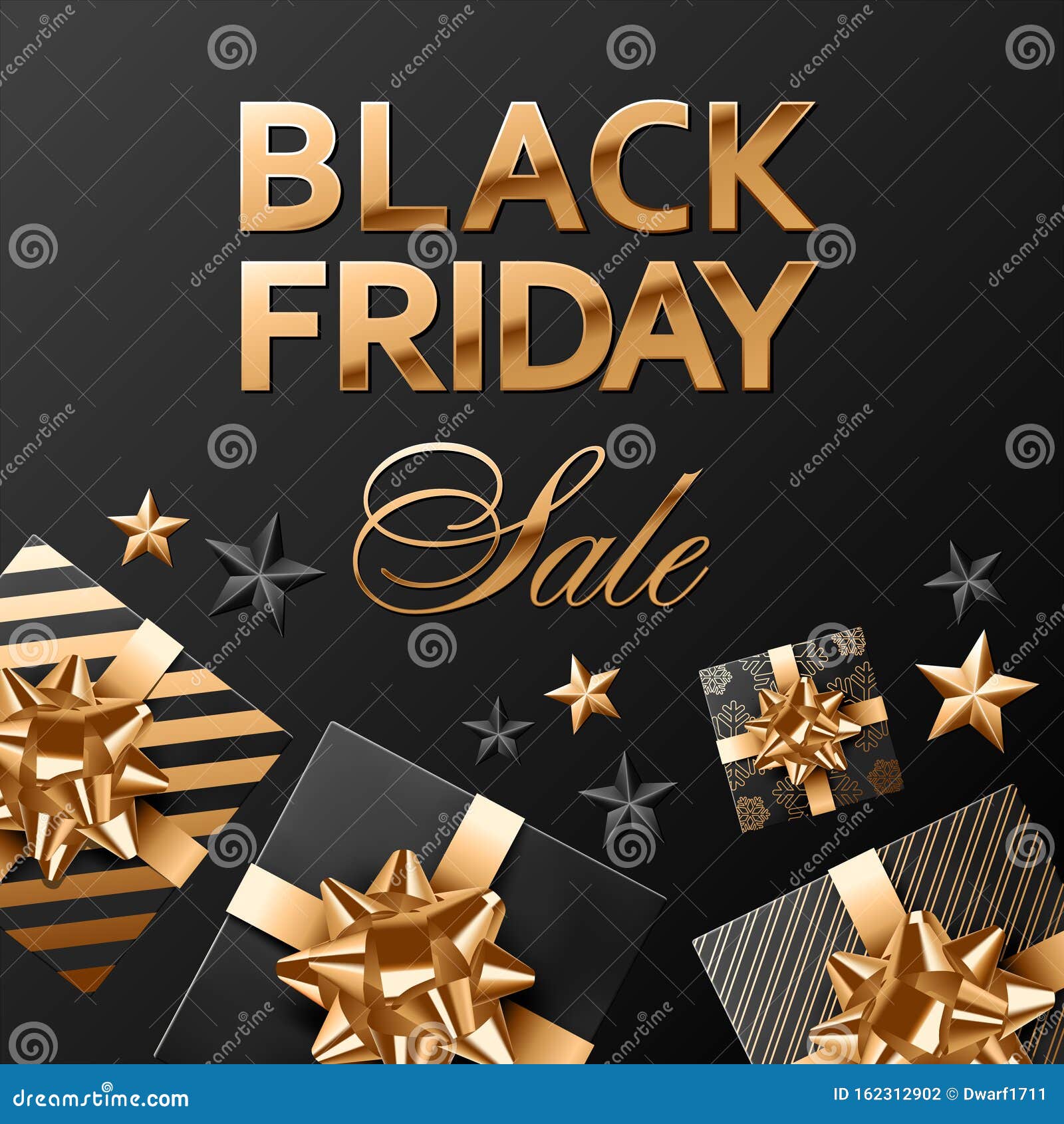 Black friday sale square vector composition on black background for banner or social network post. Golden lettering and gold and black stars. Gifts covered with plain black, gold black striped and black paper with golden snowflakes with golden bows.
