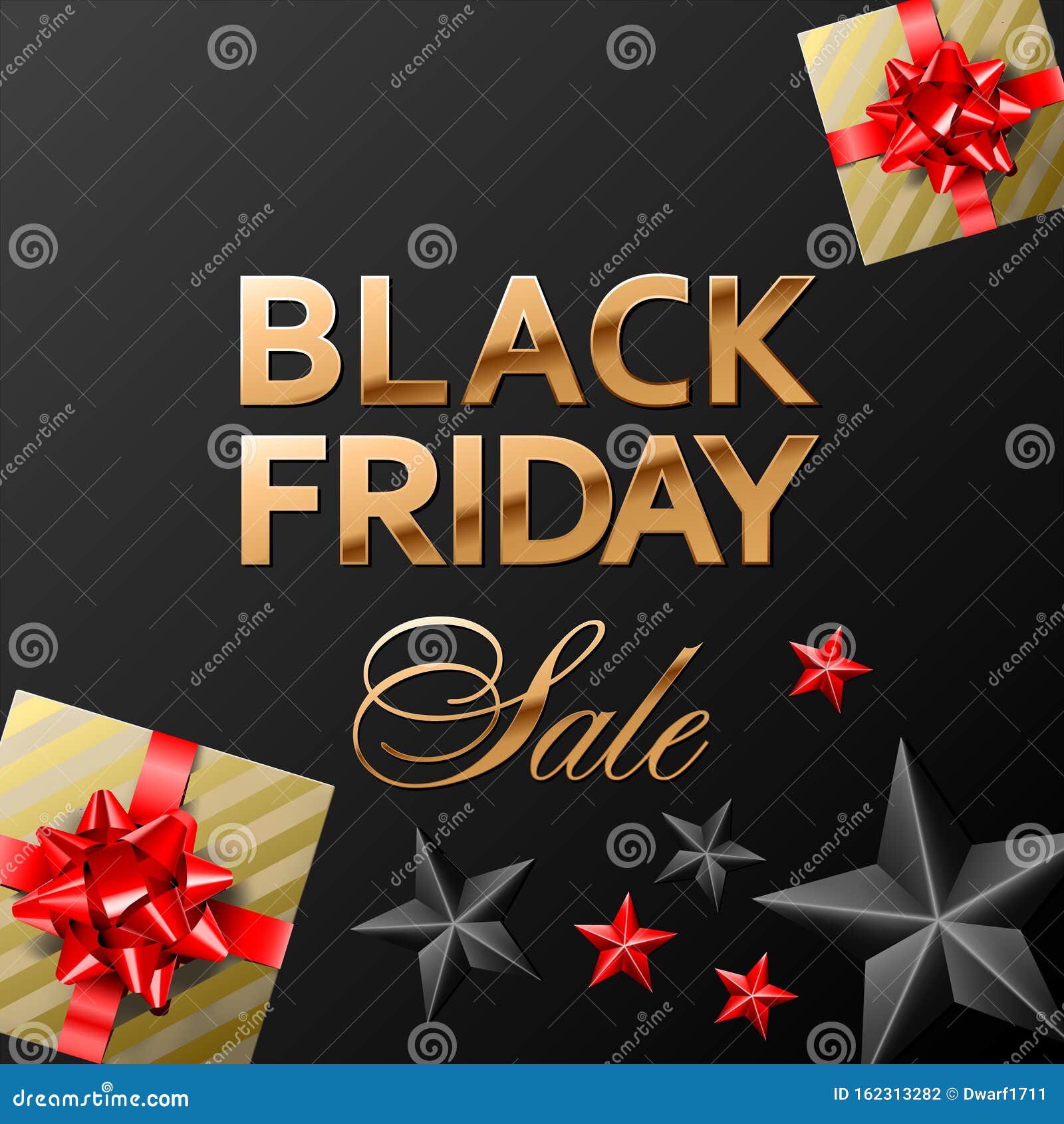 Black friday sale vector golden lettering on black background with red, black stars and gifts covered with gold and beige wrapping and golden bows. Square social media post or banner template.
