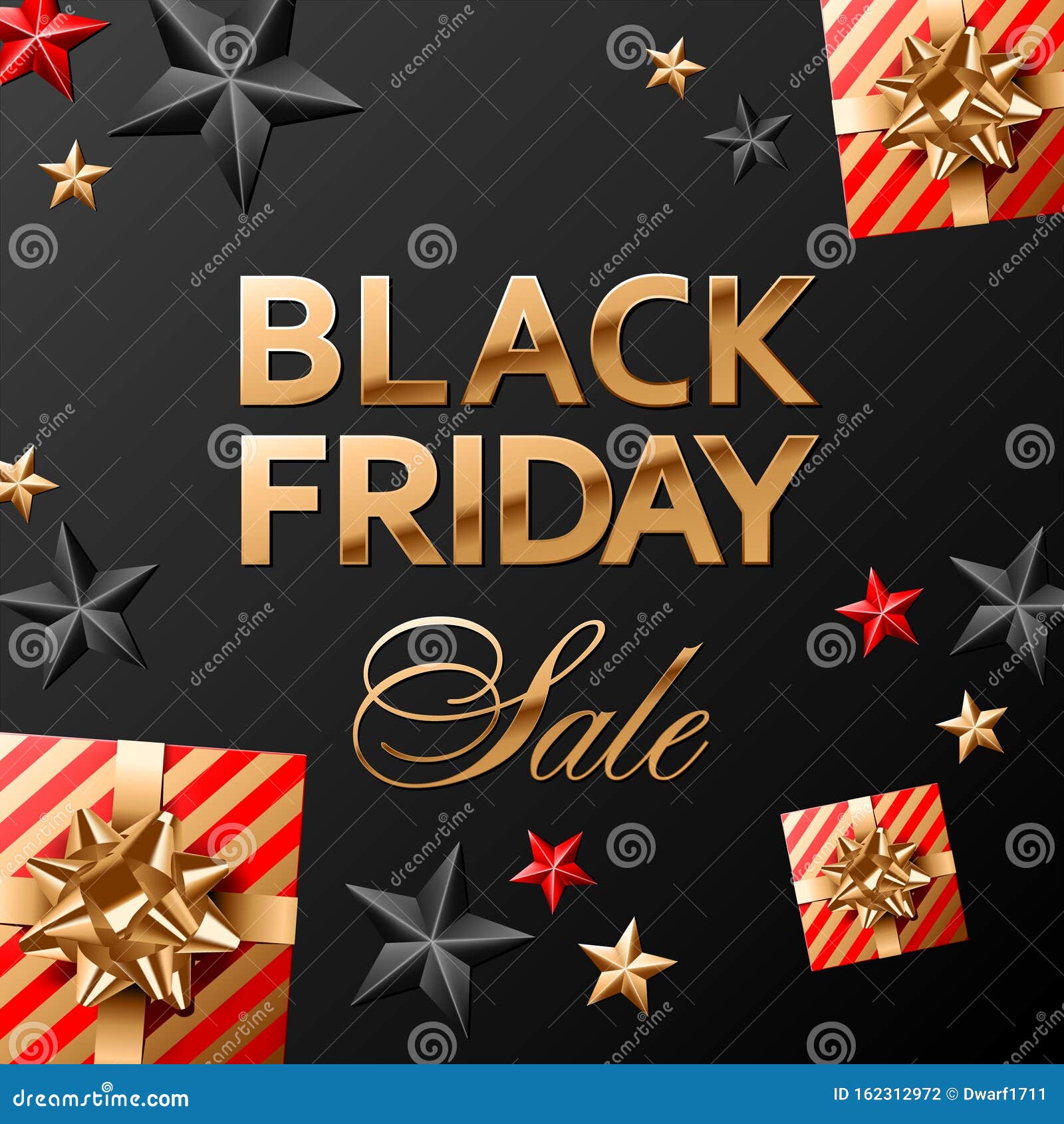 Black friday sale vector square banner or social network post template. Golden lettering with black, red, gold stars and gifts covered with red and gold striped paper with golden bows.
