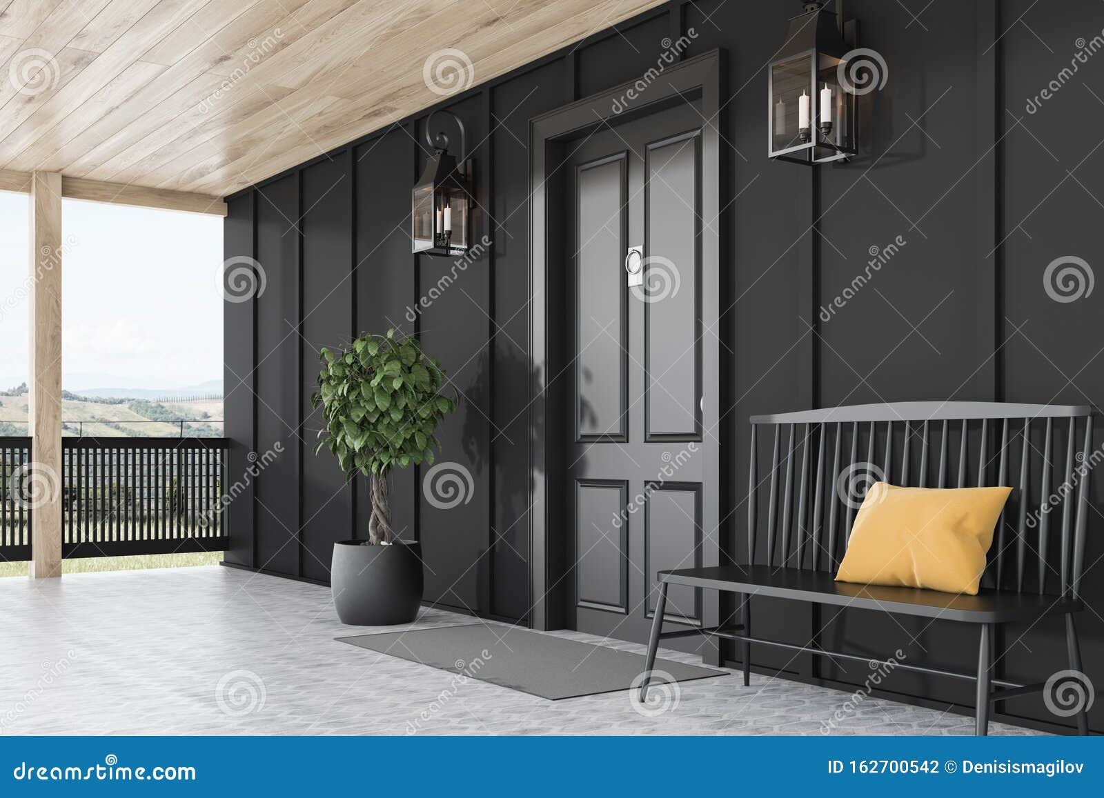 Black Front Door Of Black House Bench Side View Stock