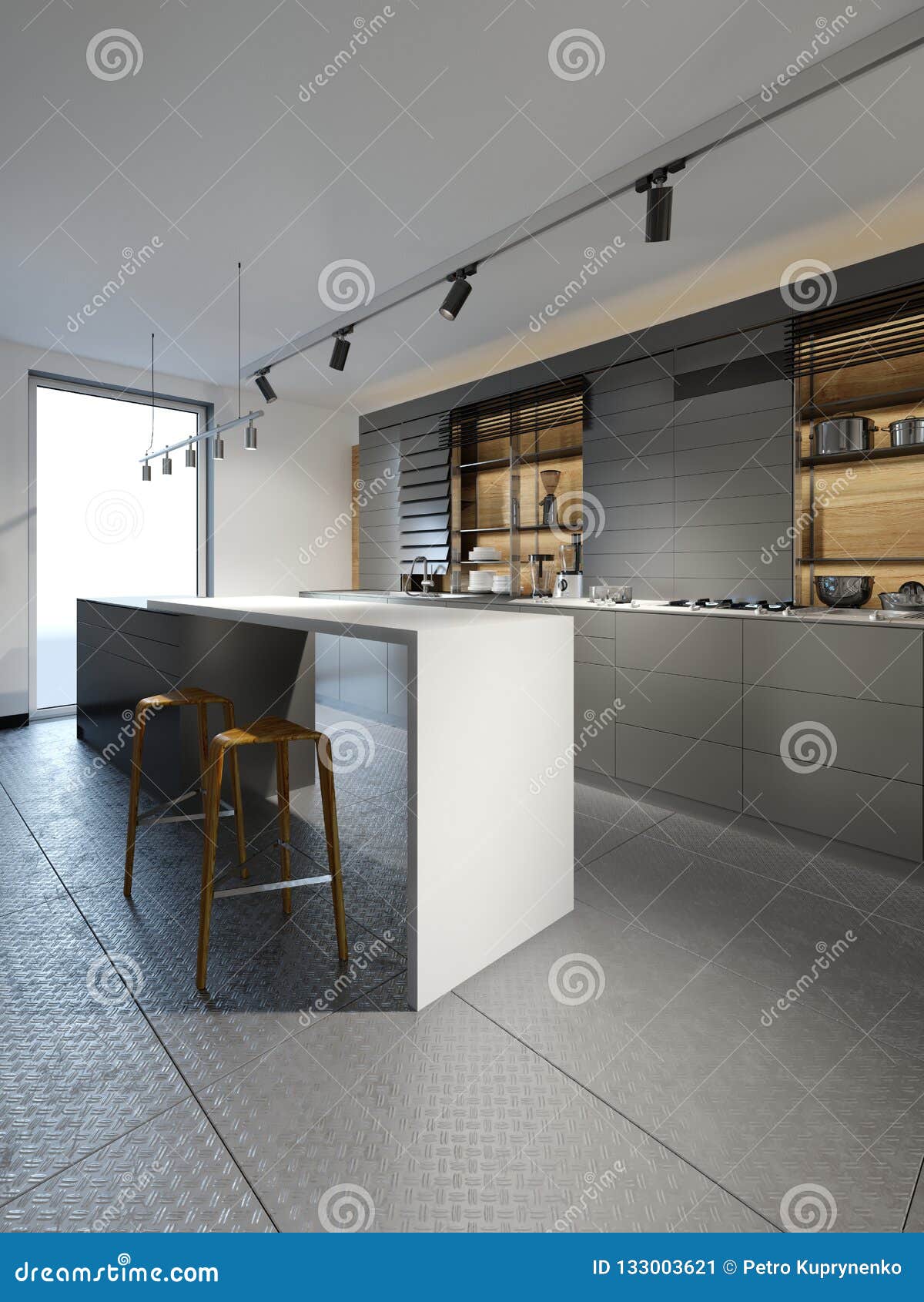 Black Furniture Kitchen with Chairs in Loft Style Cold Kitchen Stock Illustration Illustration