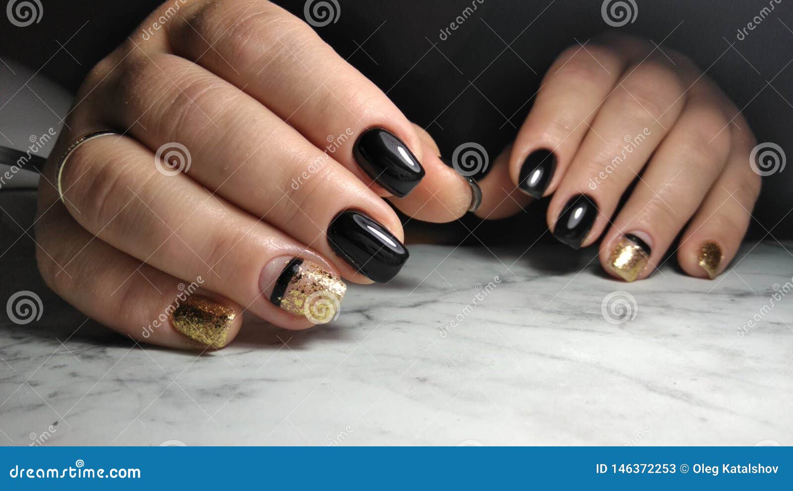 Black Manicure with Gold Design Stock Image - Image of gentle, delicate ...