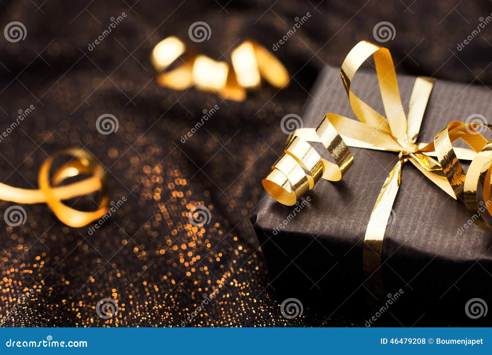 Black Gift Box on Black Shiny Background. Stock Photo Image of dark