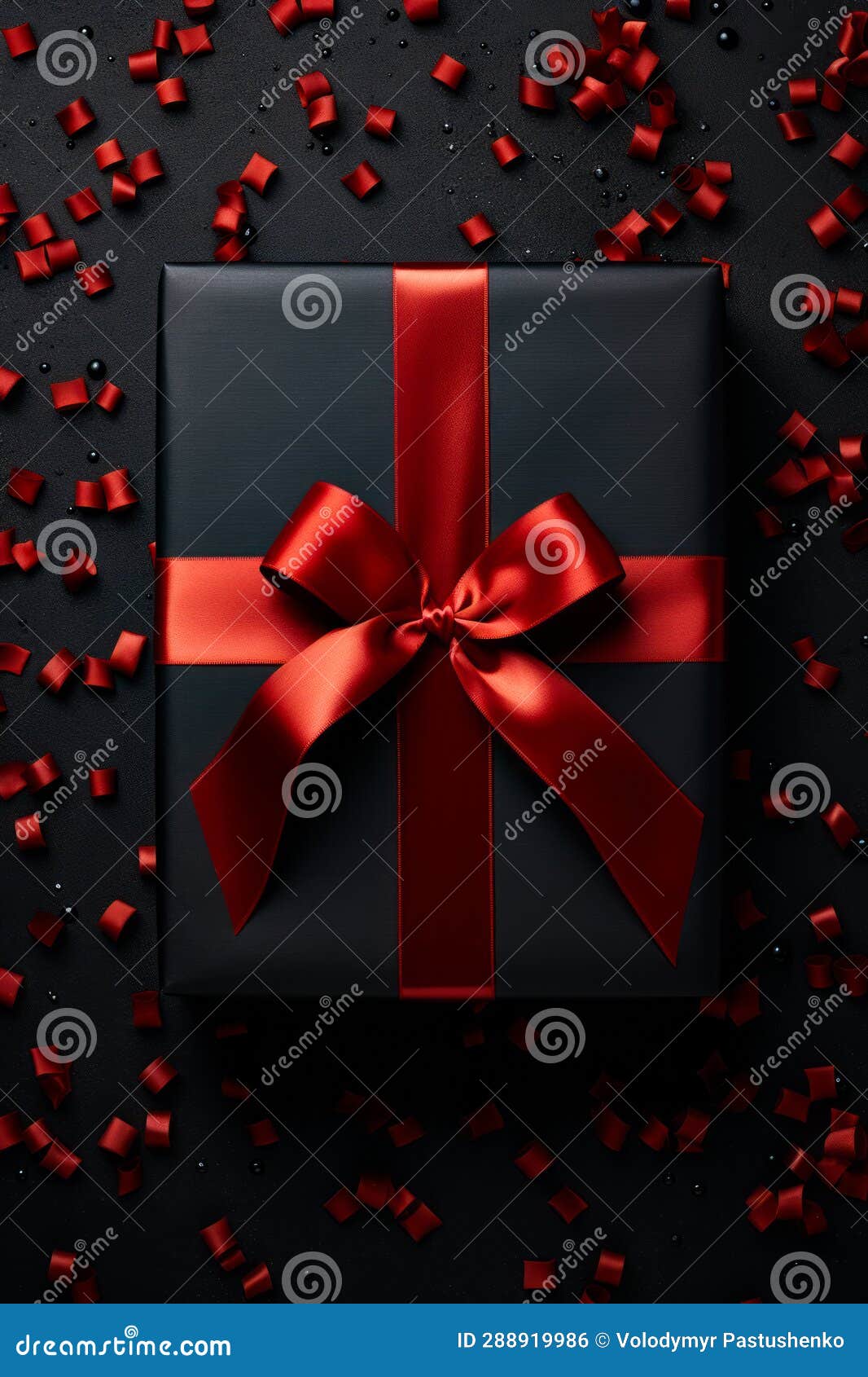 Black Gift Box with Red Ribbon and Bow on it. Generative AI Stock Photo