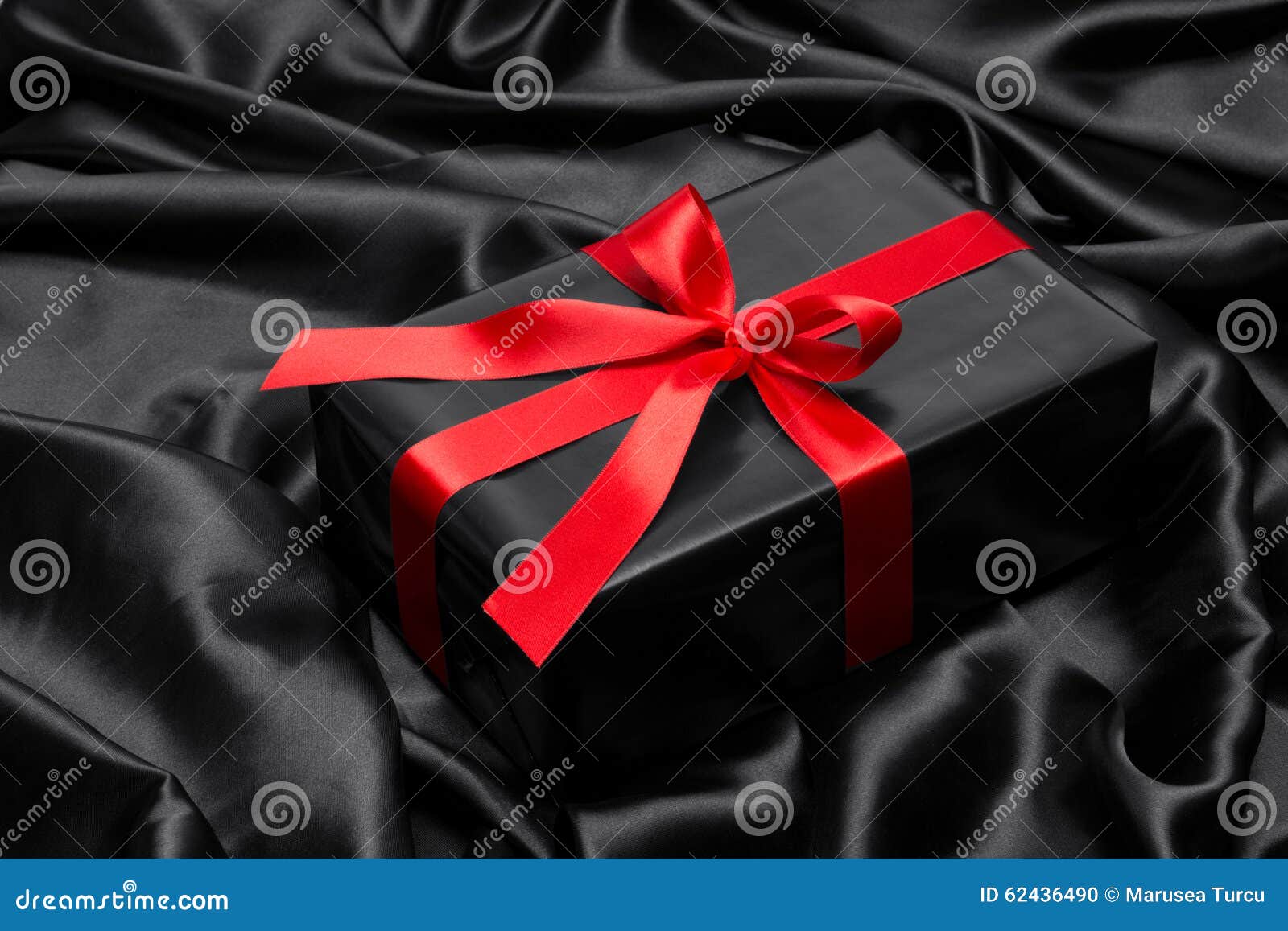 Black Gift Box with Red Satin Ribbon and Bow Stock Photo - Image of