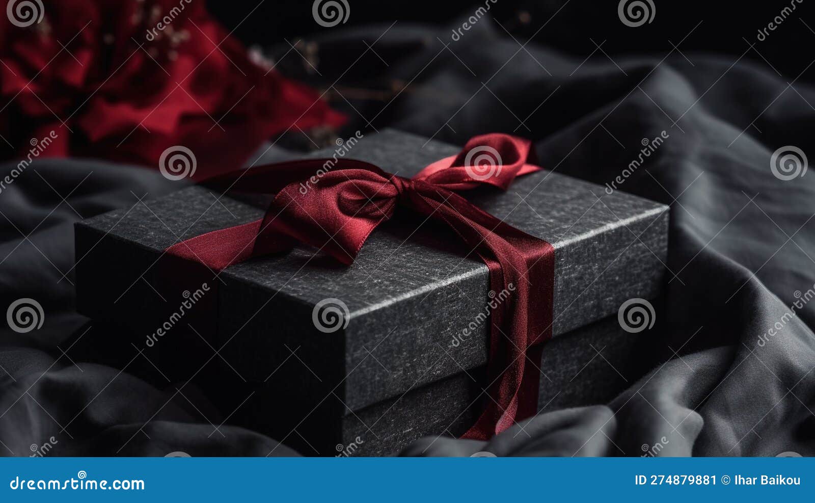 black gift box tied with red ribbon