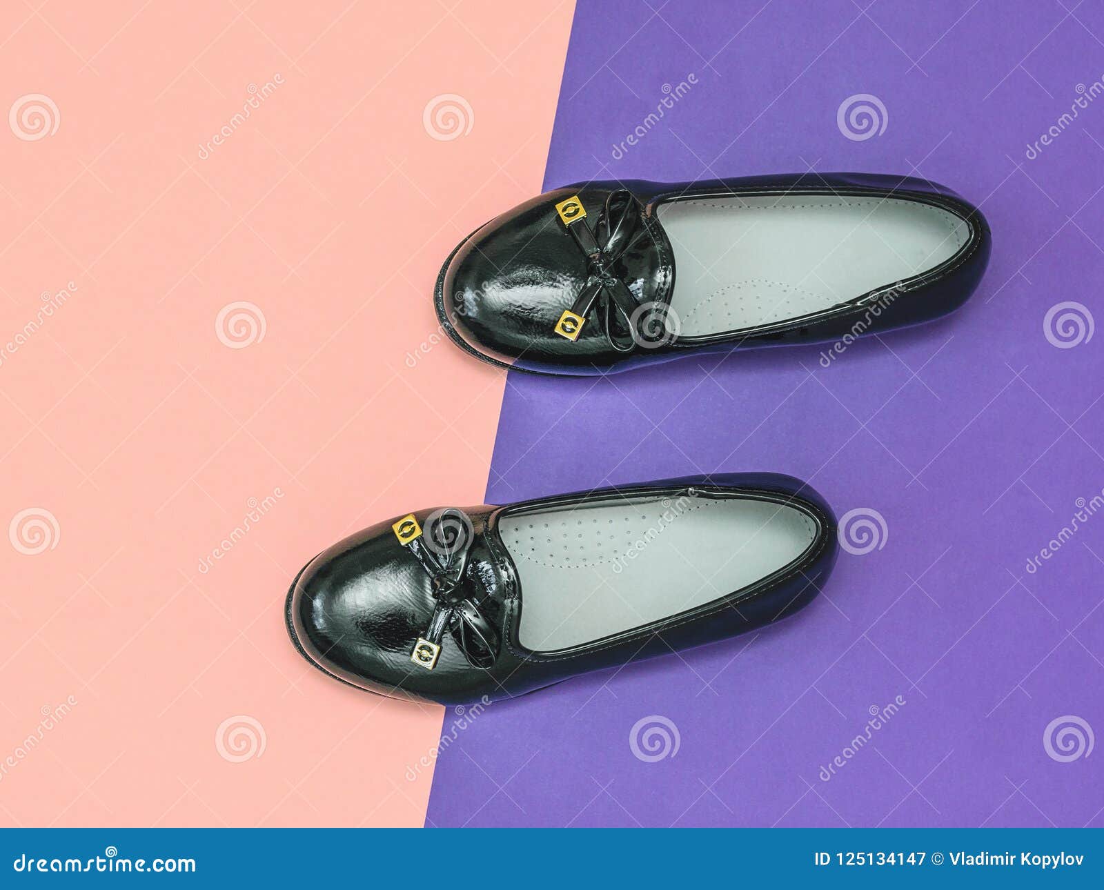 Black Girl Shoes with Gold Buckles on a Background of Two Colors Stock ...