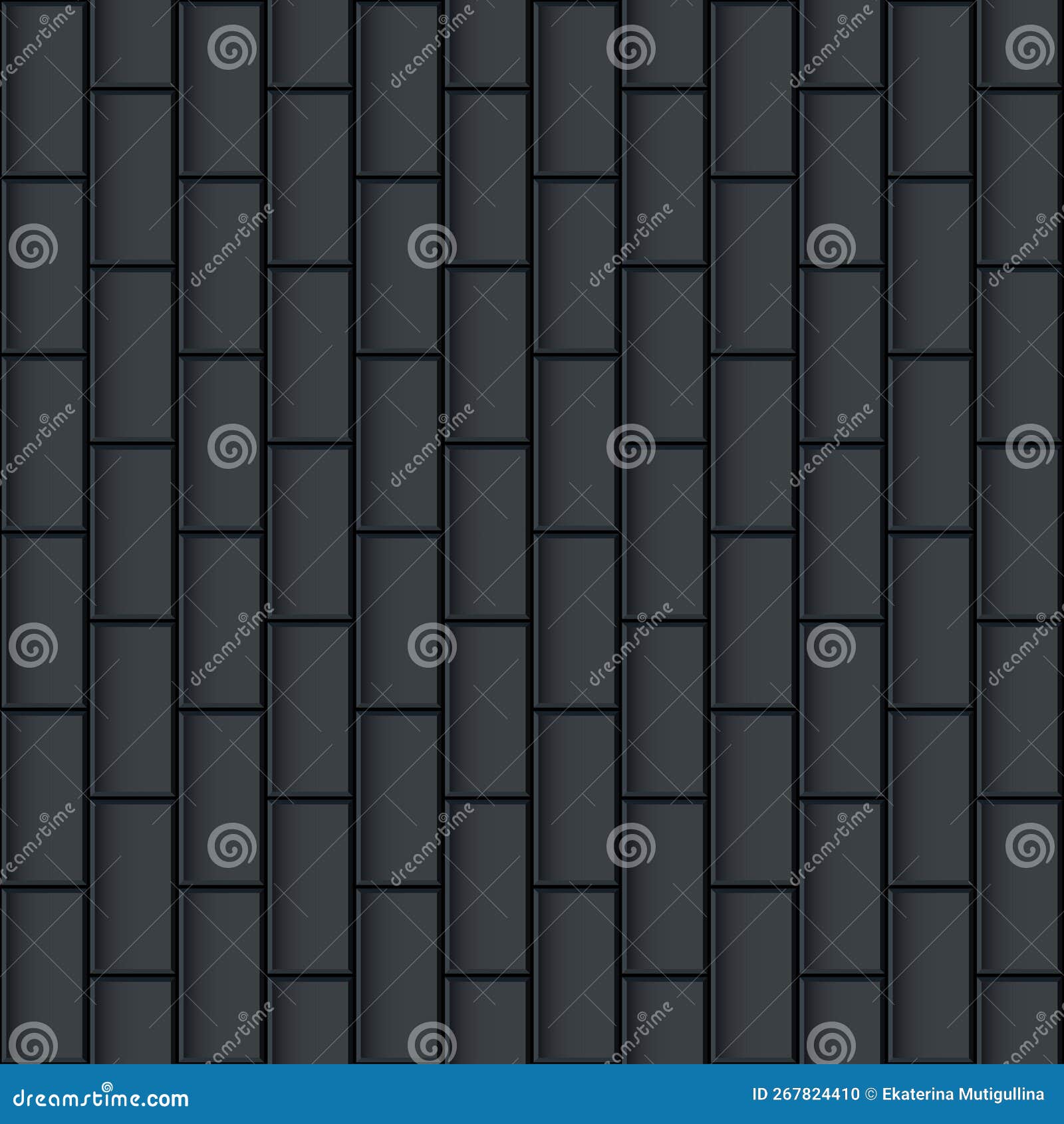 Black Glossy Brick Wall with Vertical Ceramic Rectangle Tiles Seamless Pattern. Home Interior