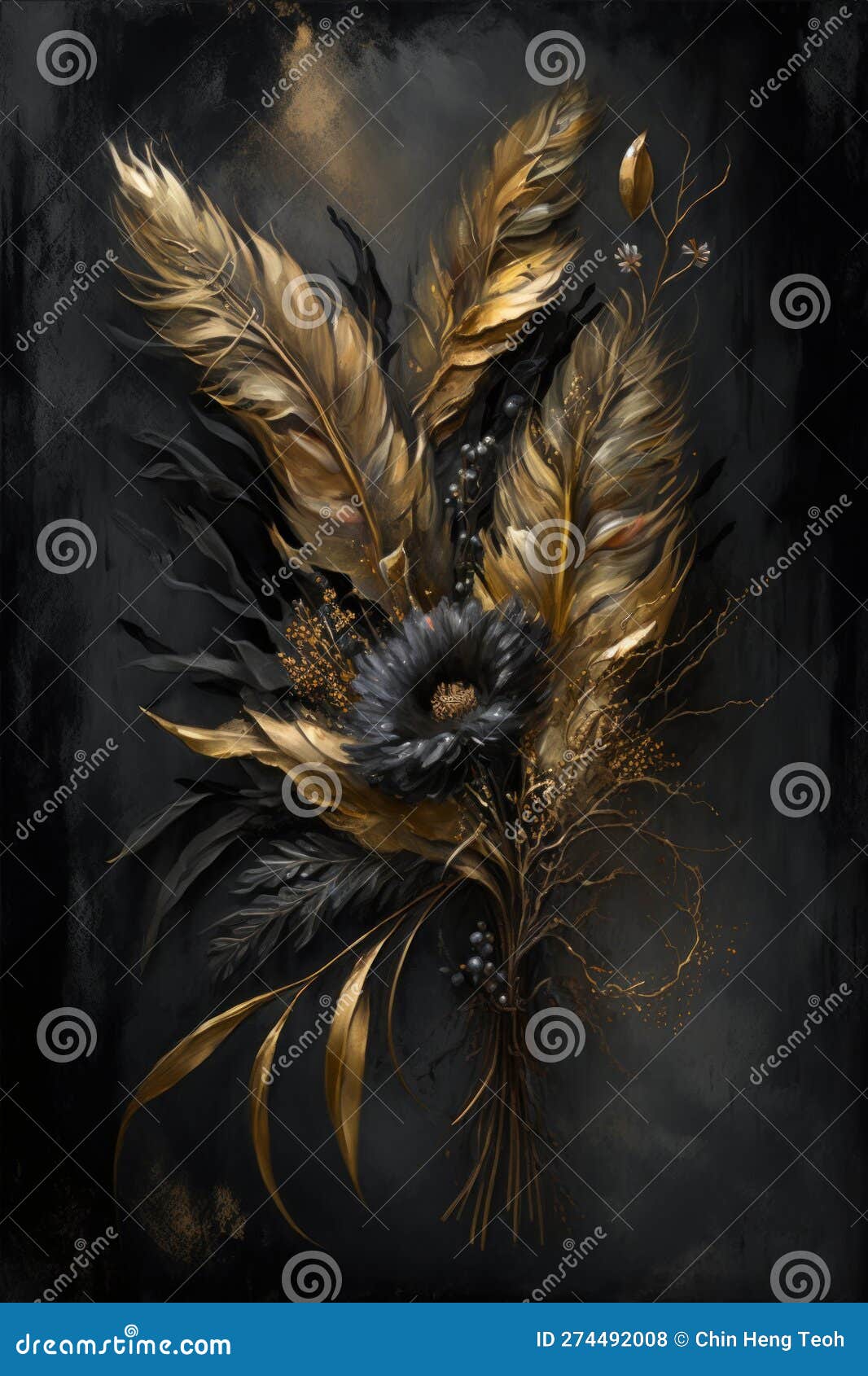 Black and Gold Feathers with Flowers on a Dark Background. Generative