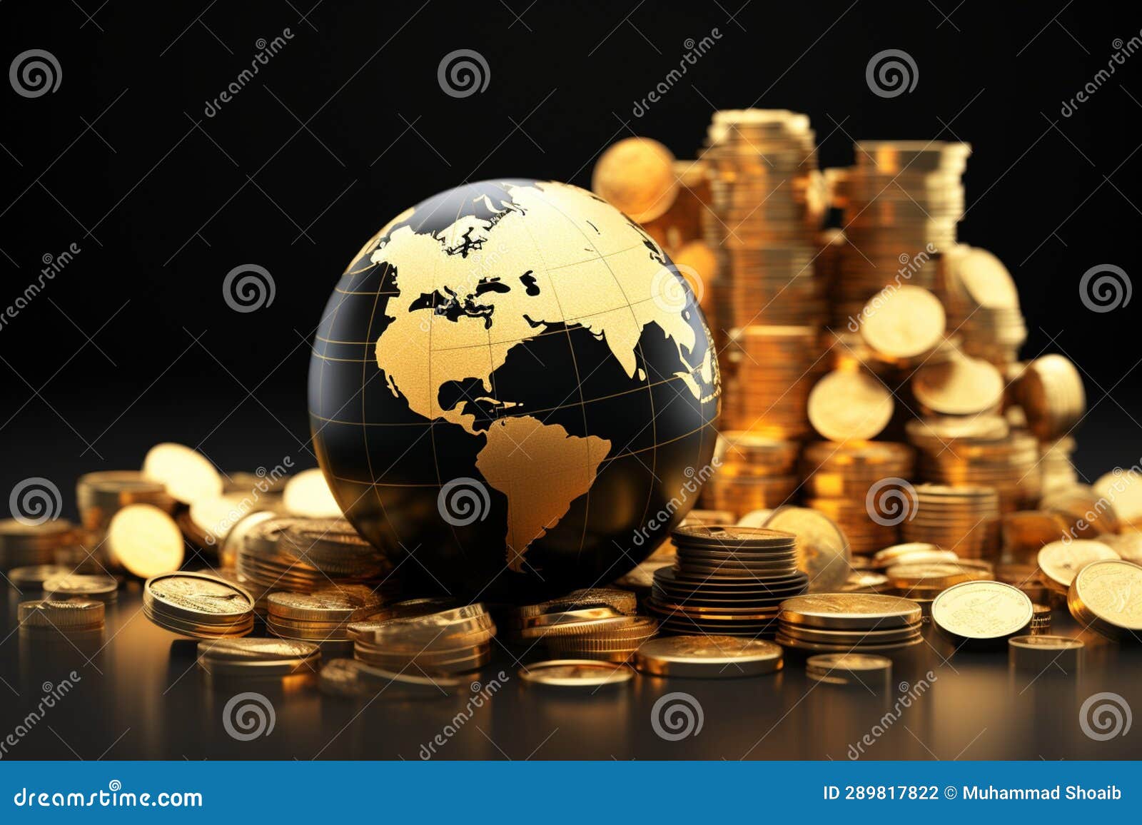 A Black and Gold Globe Surrounded by a Stack of Gold Coins Stock ...