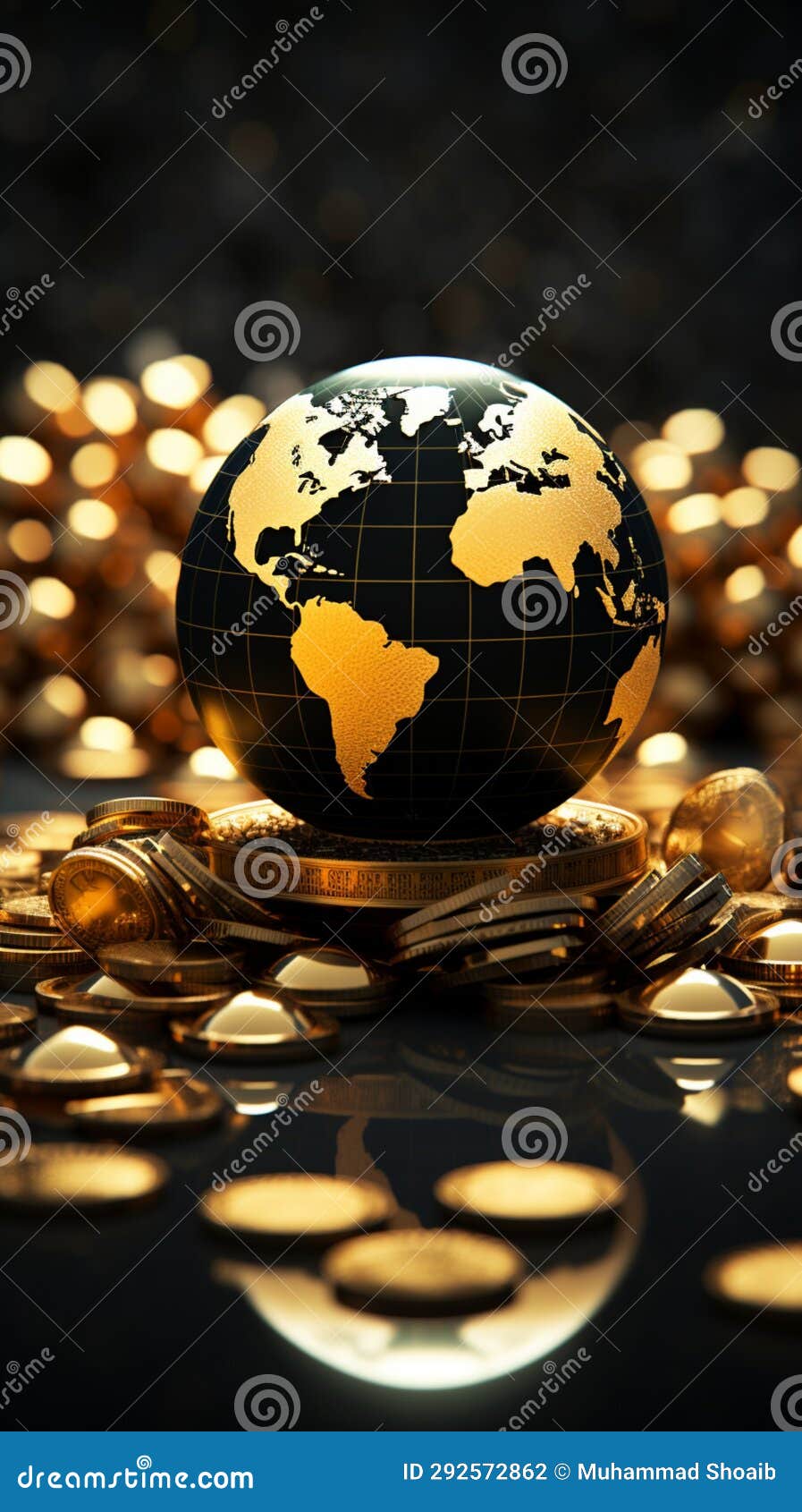 A Black and Gold Globe Surrounded by a Stack of Gold Coins Stock ...