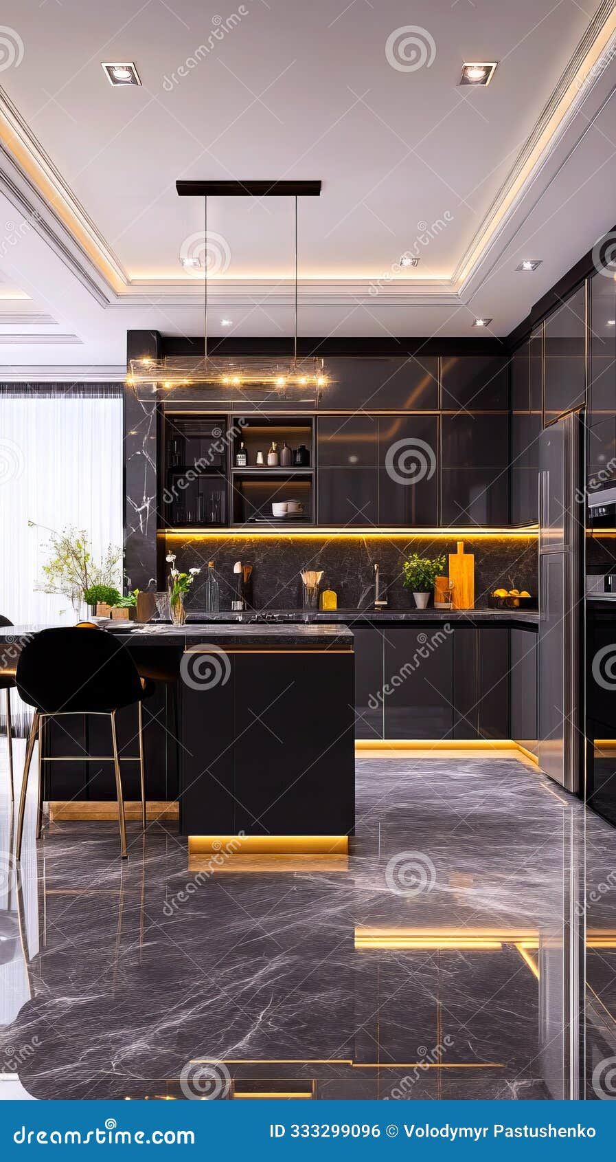 A Black and Gold Kitchen with a Marble Floor Stock Photo Image of