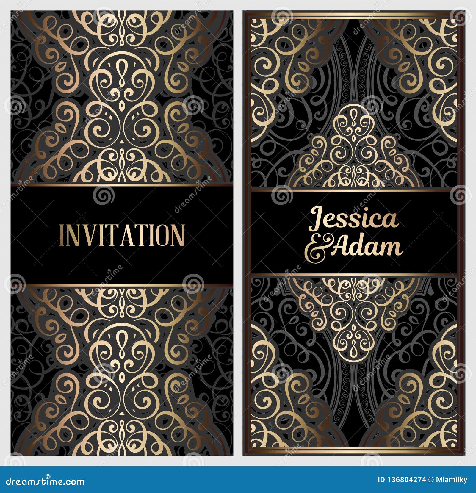 Black And Gold Luxury Wedding Invitation Card With Golden Shiny Eastern And  Baroque Rich Foliage. Ornate Islamic Background For Illustration 136804274  - Megapixl