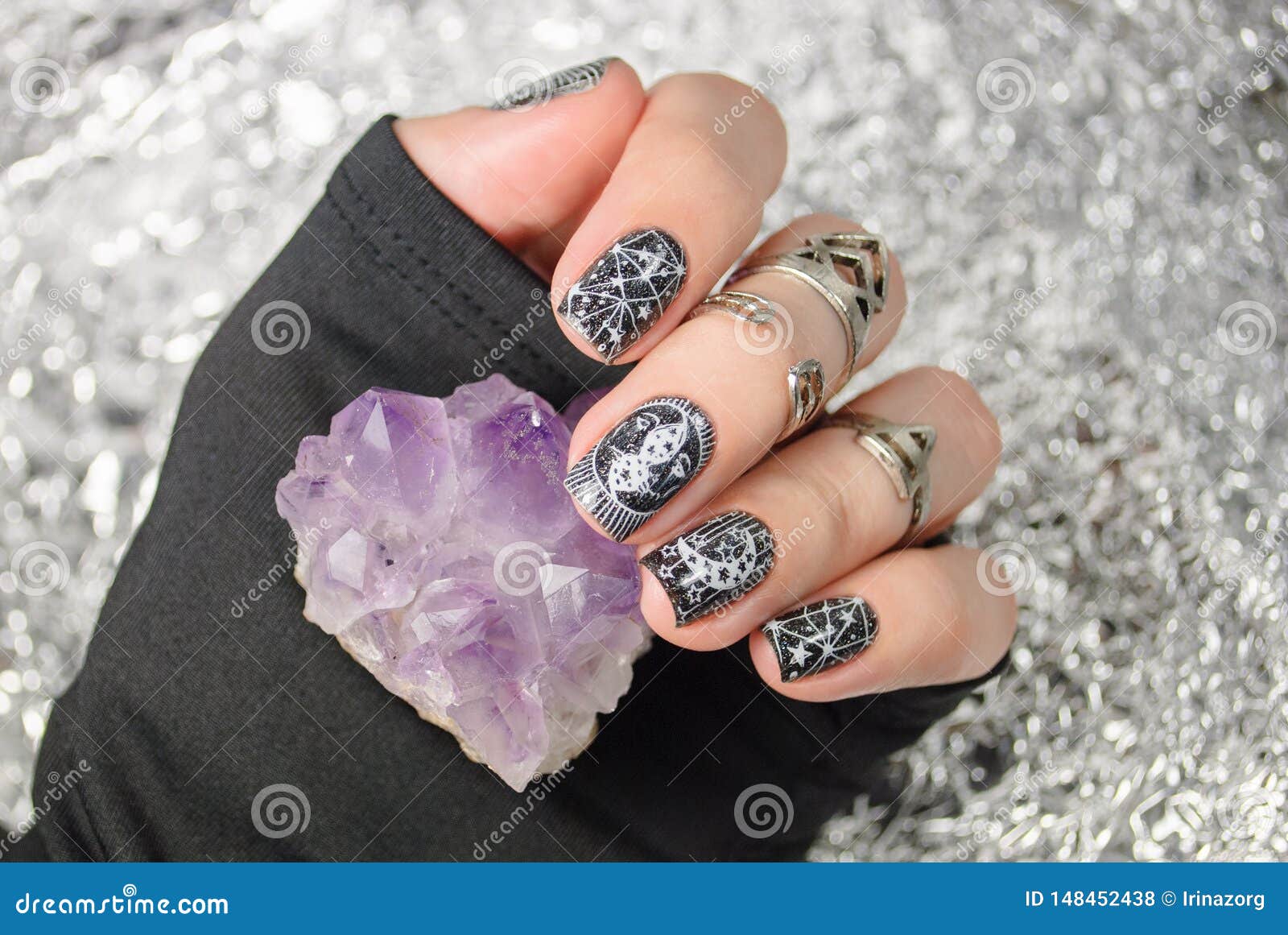 Black Gothic Manicure with Mystic Nail Art. Stock Photo - Image of  creative, grey: 148452438