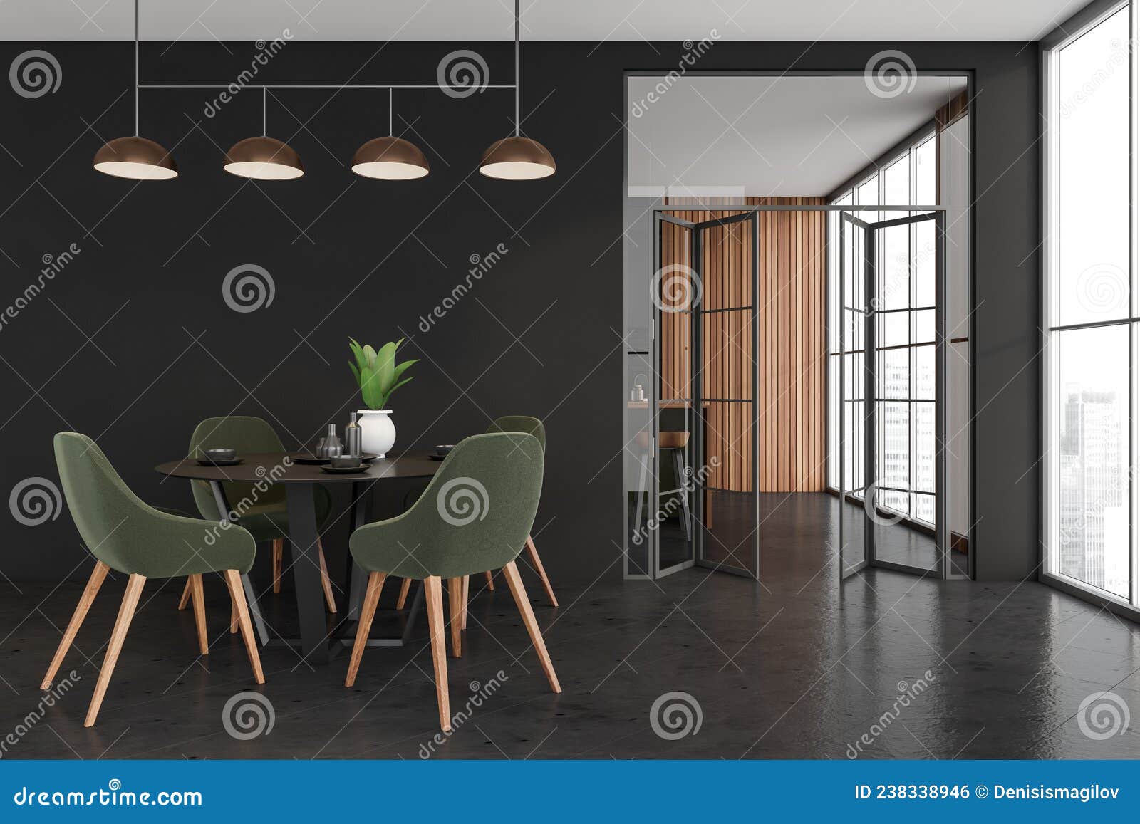 Black and Green Dining Room with Folding Doors Stock Illustration