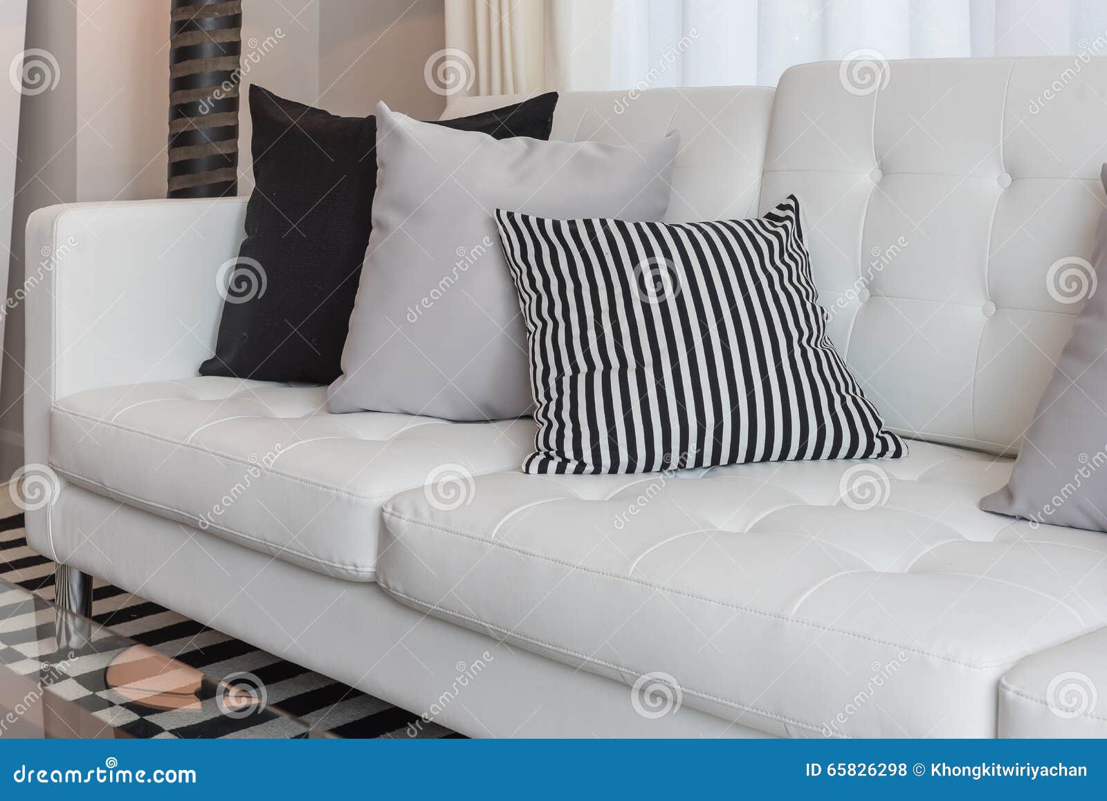 Black and Grey Pillows on Modern White Sofa Stock Photo Image of
