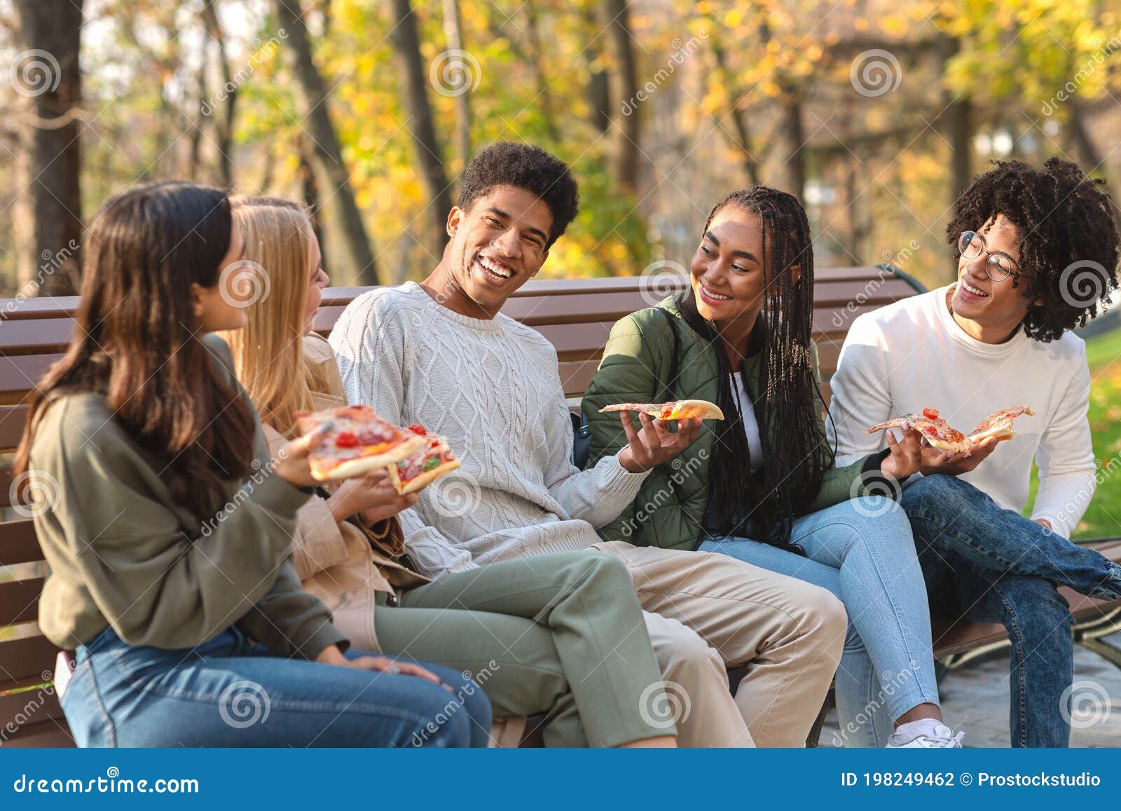 Black Guy Making Funny Jokes, Eating Pizza with Friends Stock Photo - Image  of female, beautiful: 198249462