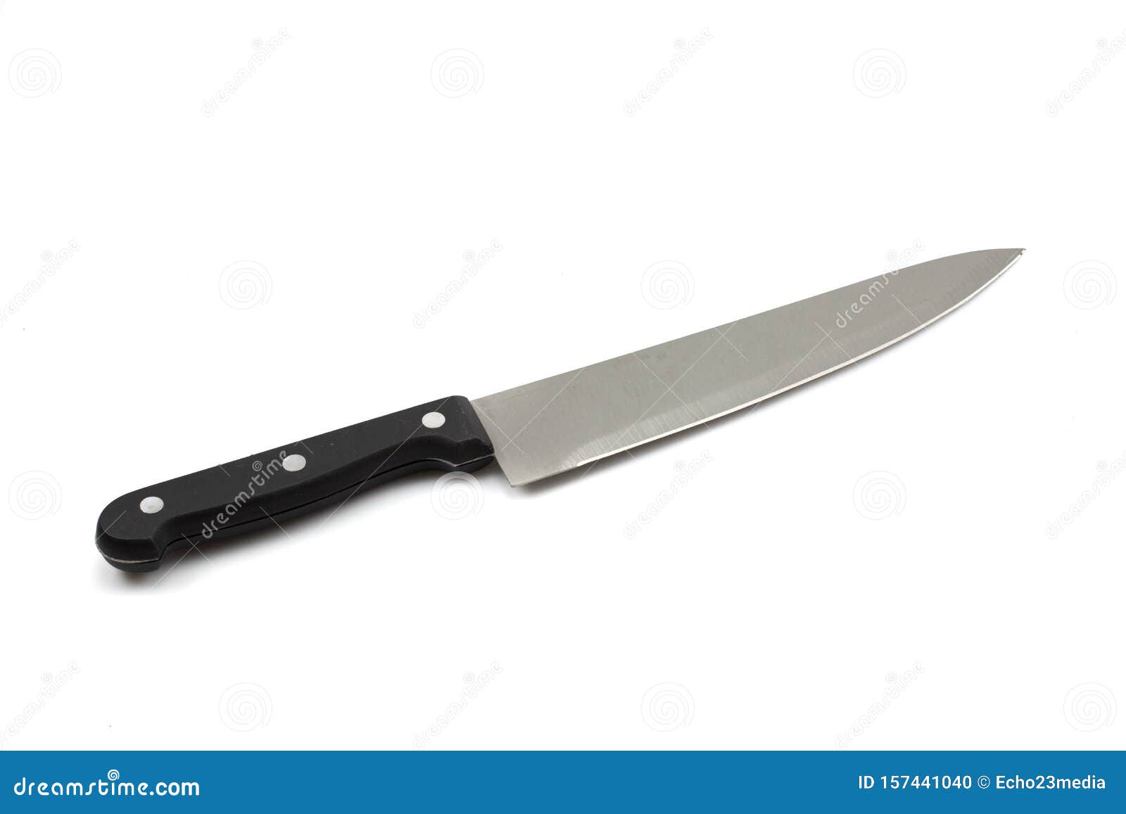 black handled chef`s knife close up against a white background