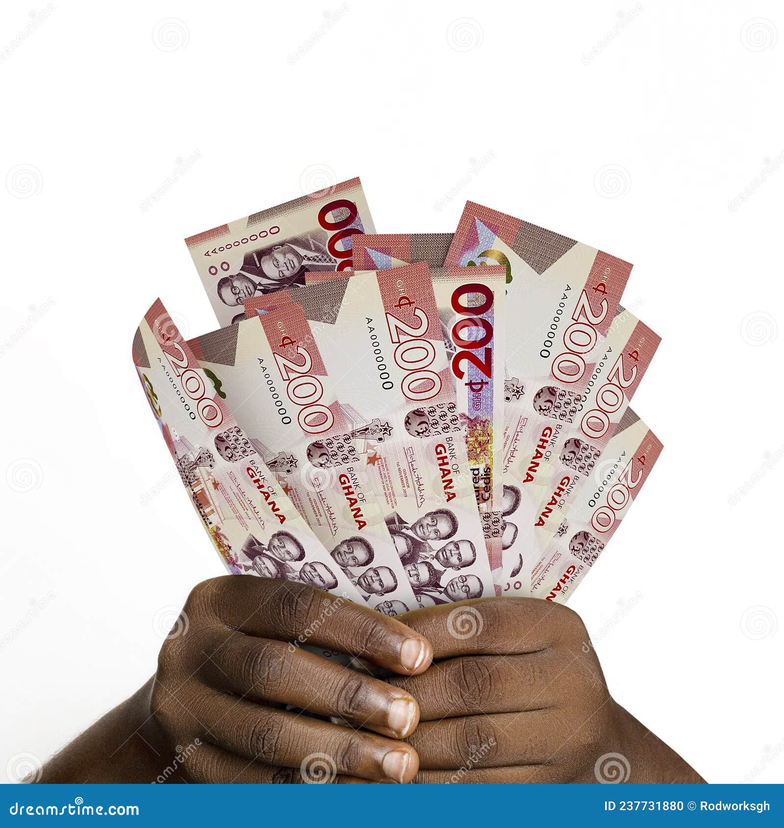 Black Hands Holding 3D Rendered 200 Ghanaian Cedi Notes. Closeup of