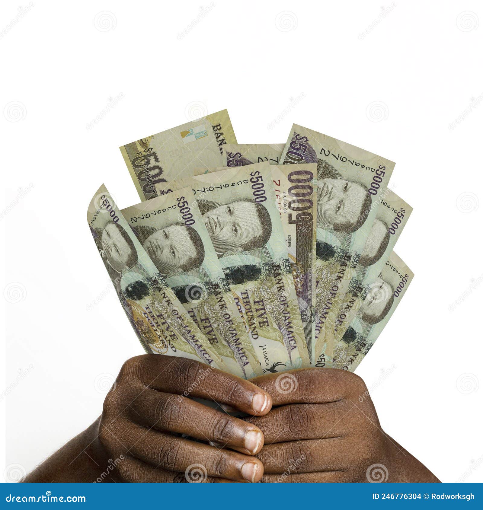 black hands holding 5000 jamaican notes. closeup of hands holding jamaican currency notes