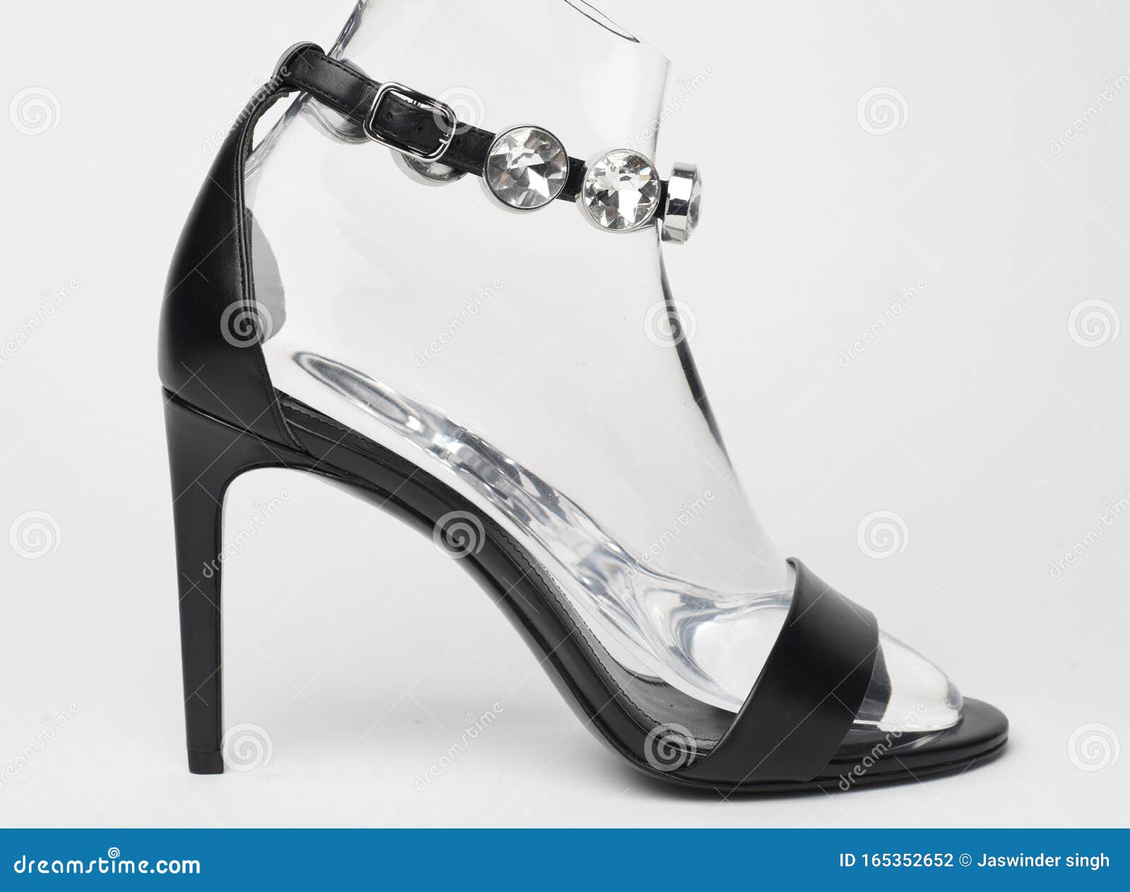 Glass Heeled Stone Studded Sandals - Black