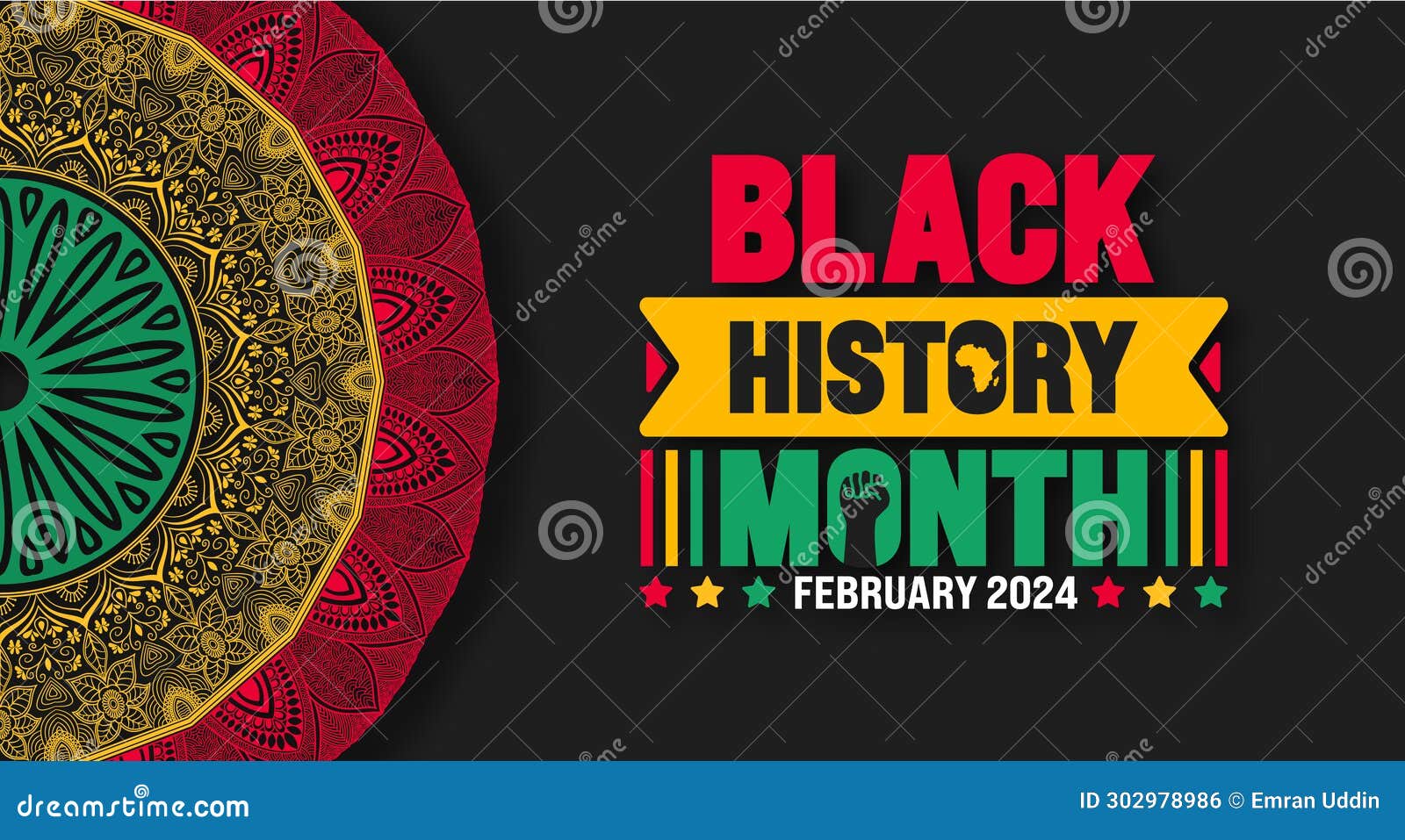 black history month colorful lettering typography with mandala background. celebrated february