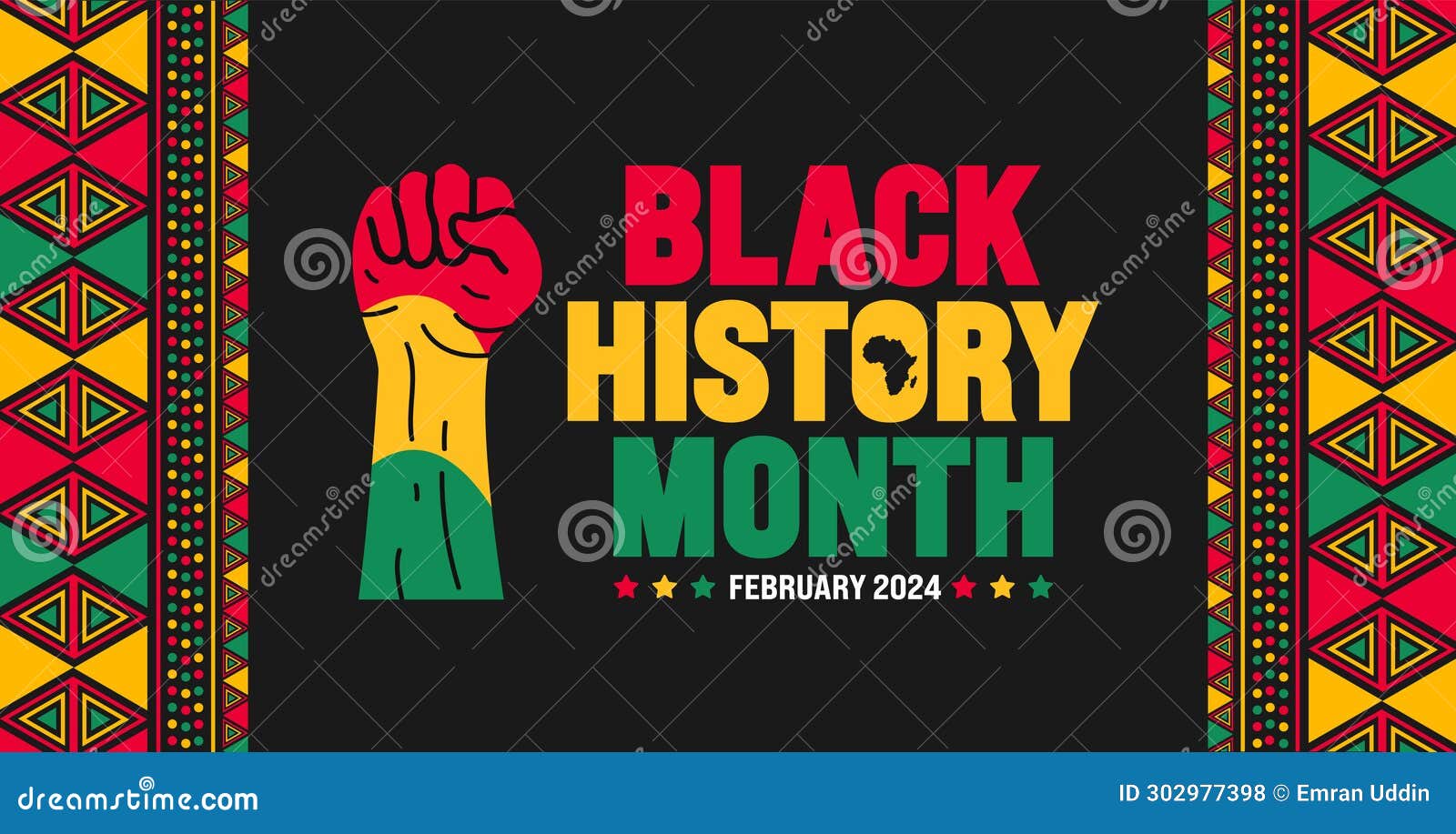 black history month colorful lettering typography with neo geometric seamless pattern background.