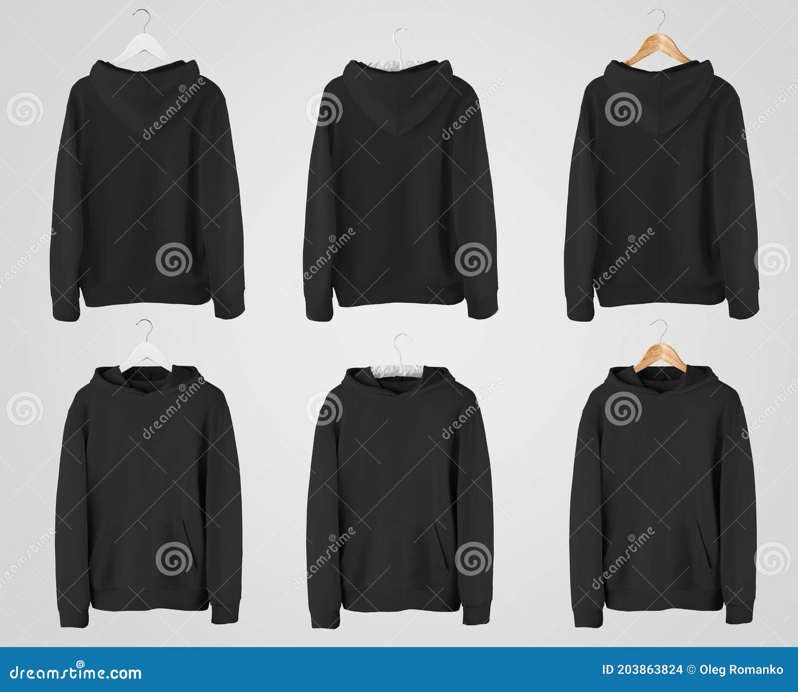 Black Hoodie Template with Pocket on a Wooden, Fabric Hanger For Blank Black Hoodie Template