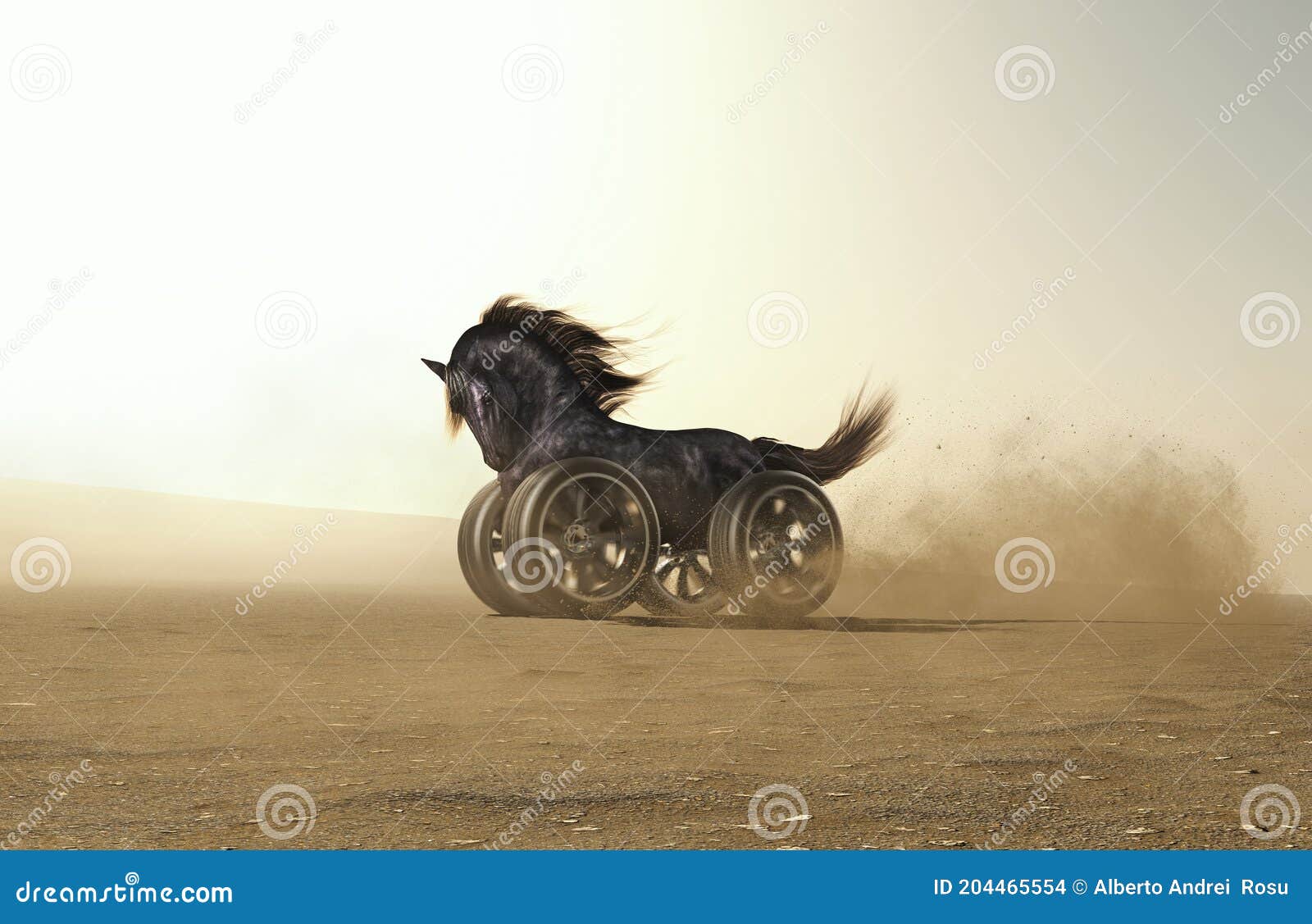 Black Horse with Car Wheels instead of Legs at High Speed in the Desert .  Stock Illustration - Illustration of action, fastest: 204465554